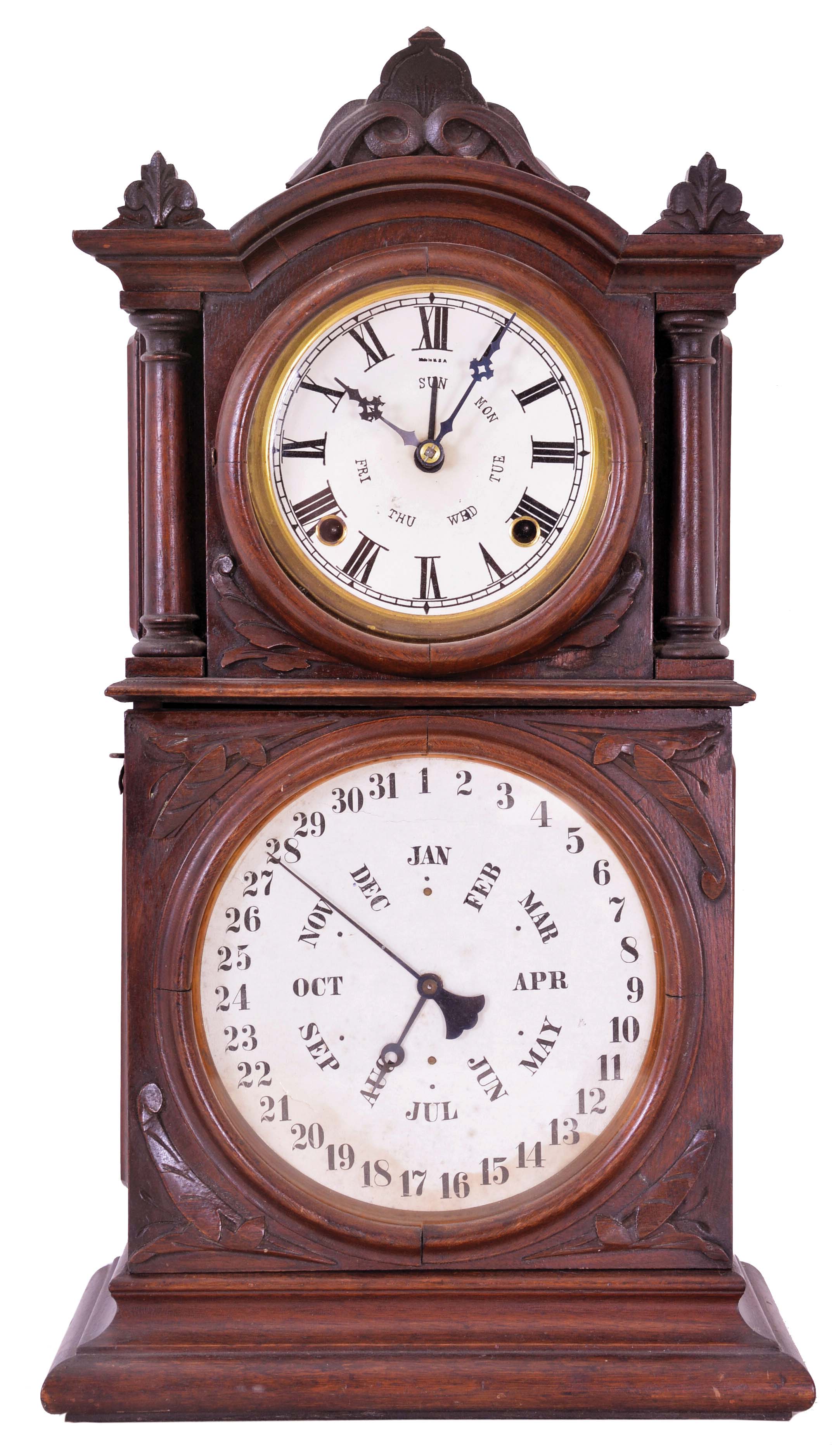 E. Ingraham & Co., Bristol, Conn., "Ingraham Calendar" double dial parlor clock, 8 day, time and strike, spring driven movement with B. B. Lewis's patented perpetual calendar mechanism in a walnut case, c1881. — Antique Clocks Price Guide