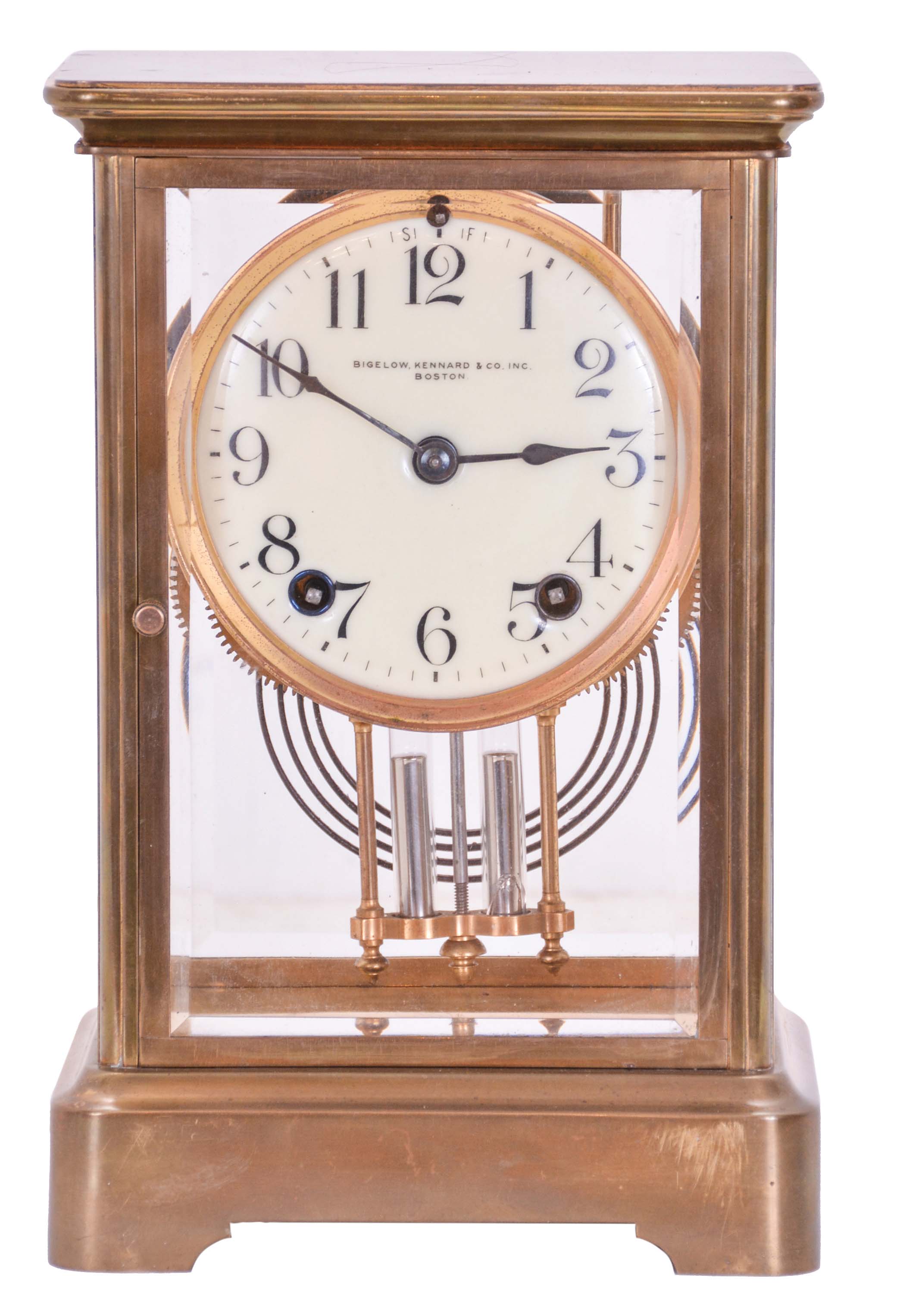 Ansonia Clock Co., New York, NY, "Coral", 8 day, time and strike spring driven movement crystal regulator mantel clock retailed by Bigelow, Kennard & Co., Boston. — Antique Clocks Price Guide