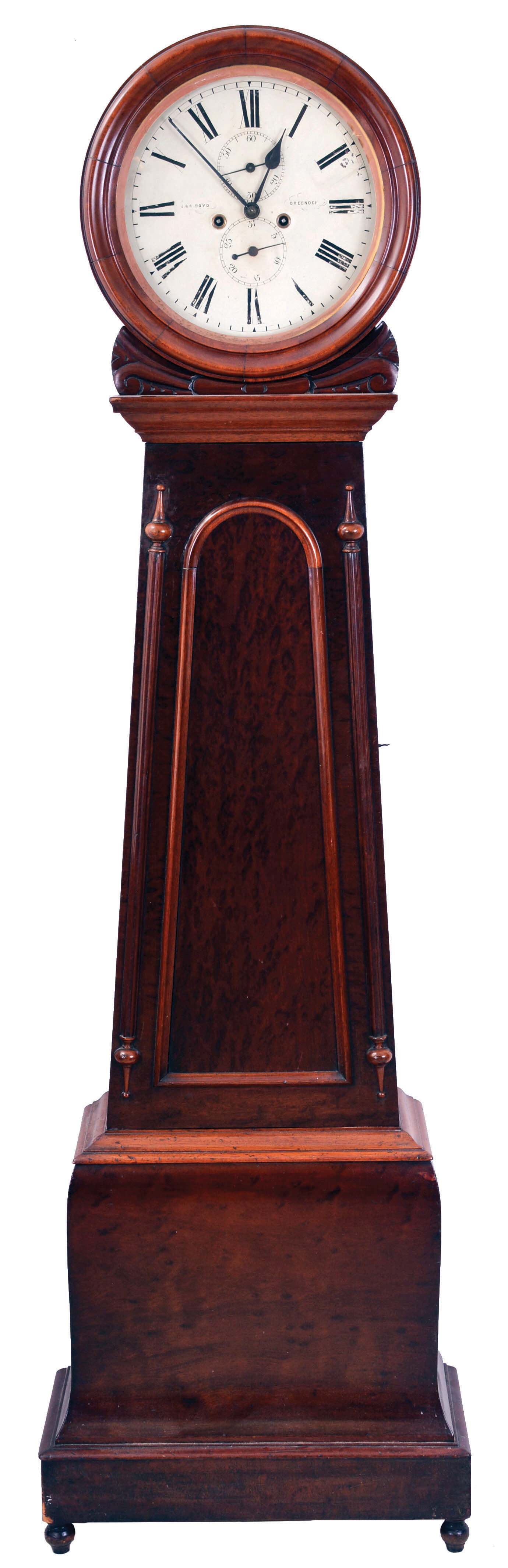 J. & W. Boyd, Greenock, (Scotland), tall clock, 8 day, time and bell strike, weight driven movement in a drum head mahogany case on bun feet with painted metal dial — Antique Clocks Price Guide