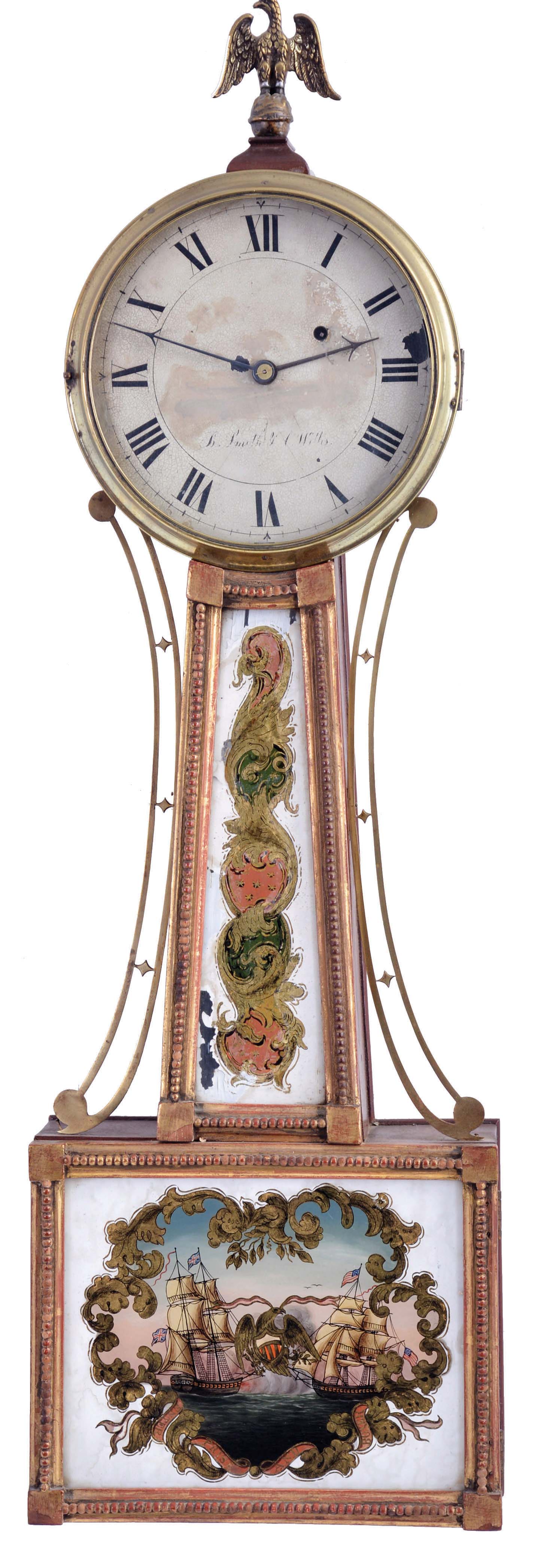 New Hampshire, 8 day, weight driven, brass movement Patent or banjo timepiece. The signature on the dial is difficult to read, but it appears to read in part Smith & Willis. There was a Smith & Williston in Keene, New Hampshire who advertised as clockmakers, that may be the firm name. — Antique Clocks Price Guide