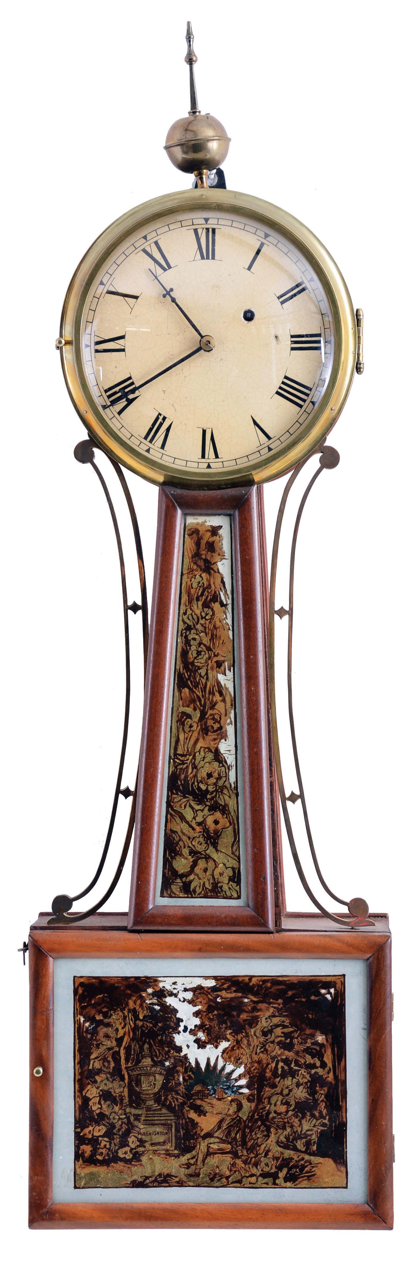 Unsigned New Hampshire or Massachusetts 8 day, weight driven, brass movement Patent or banjo timepiece. — Antique Clocks Price Guide
