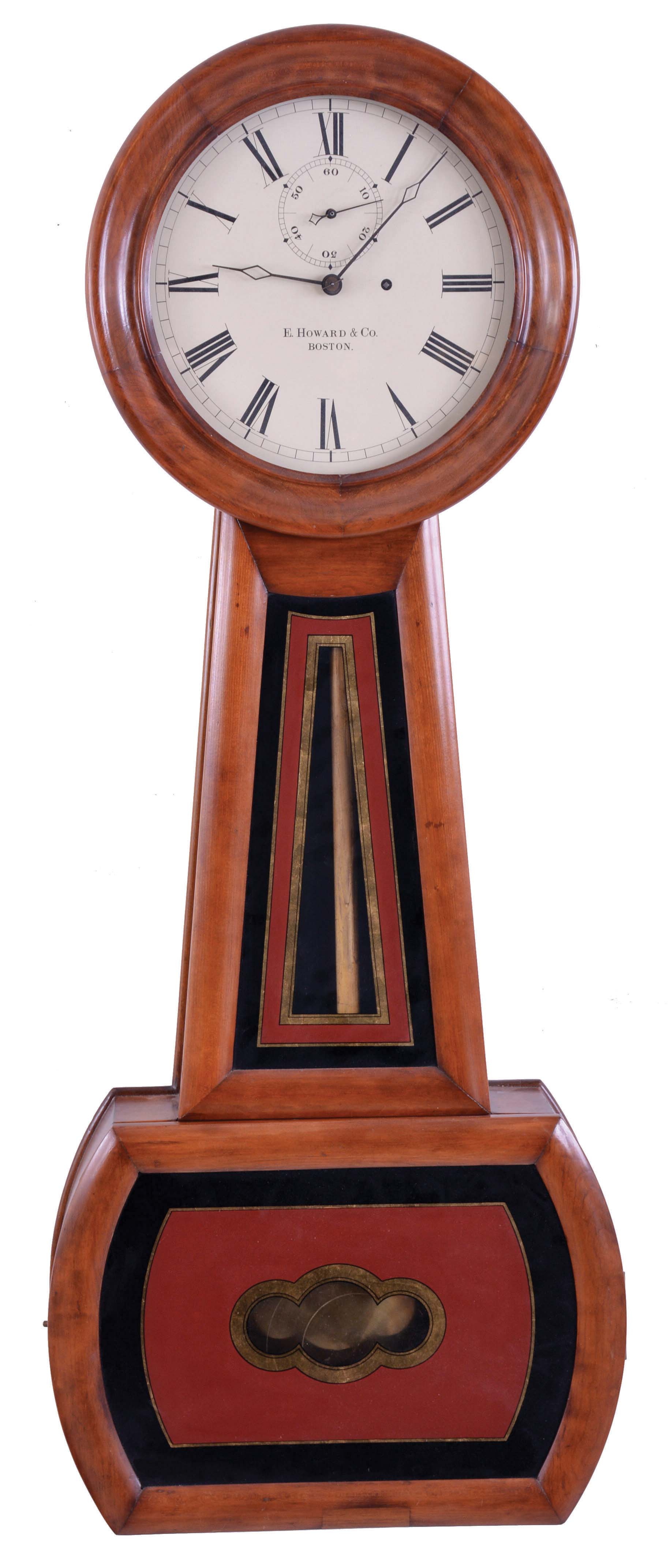 E. Howard & Co., Boston, Mass., "Regulator No. 1" banjo wall clock, cherry case with turned bezel, the throat and box frames with reverse painted tablets, Roman numeral painted dial, blued steel hands, 8 day, time only, weight driven movement — Antique Clocks Price Guide