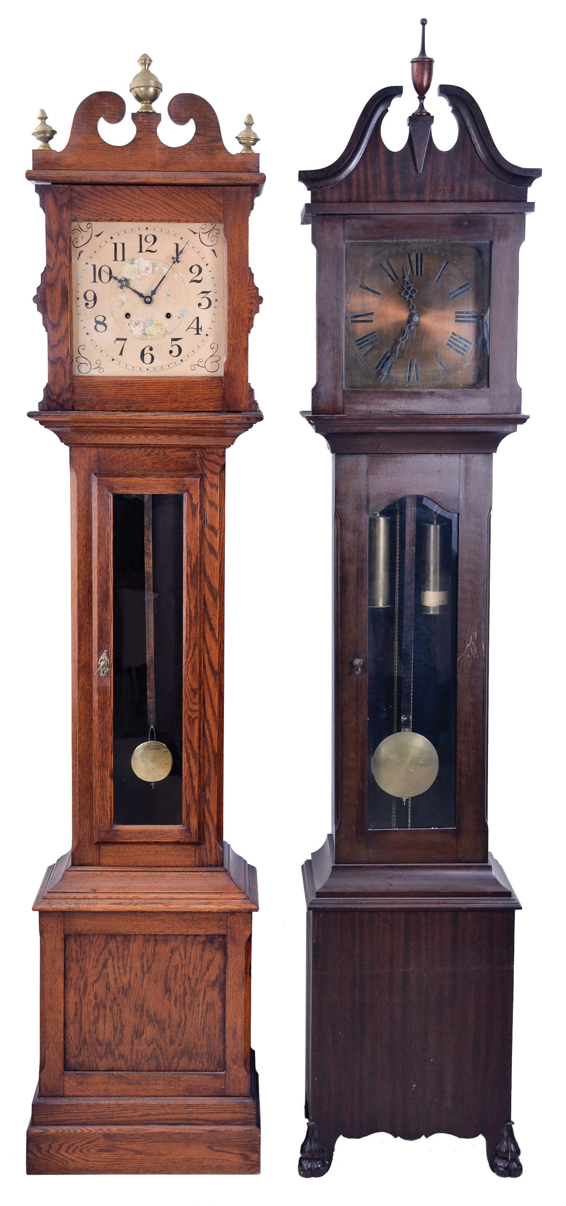 Tall Clocks- 3 (Three) American: (1) Ithaca Clock Co., 8 day, spring driven, time and strike on a gong in an oak case; (2) New Haven Clock Co. (attribution), 8 day, weight driven, time and strike in a mahogany case; (3) Colonial Clock Co., Zeeland, Michigan, "Model No. 1340", 8 day, weight driven, time and strike floor clock with Winterhalder movement in a mahogany case, c1920. — Antique Clocks Price Guide