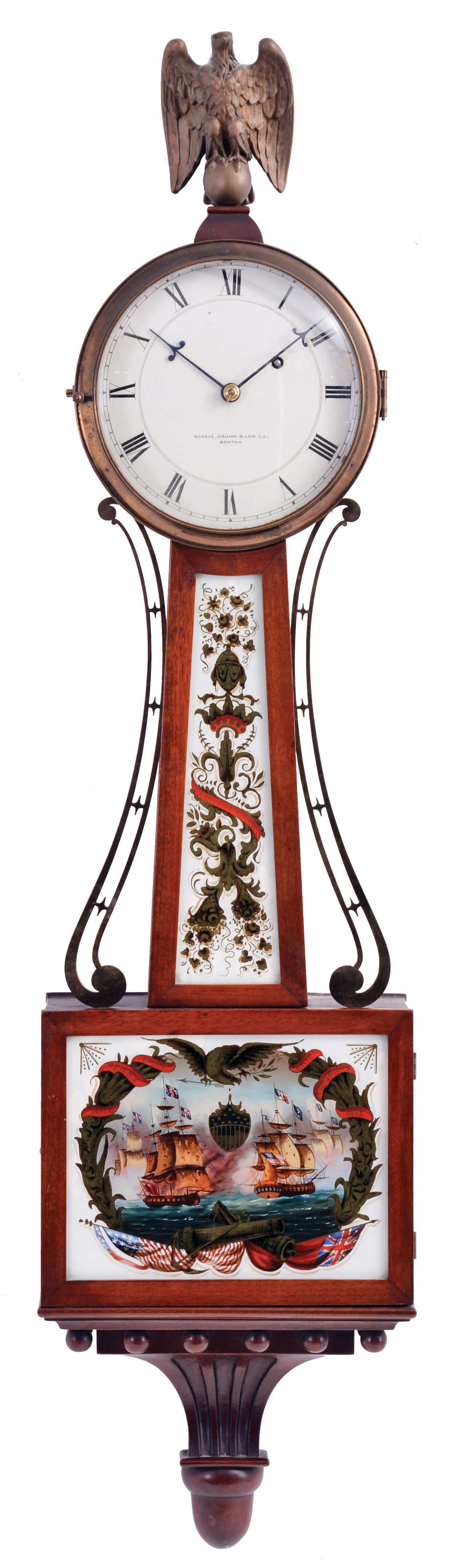 Walter H. Durfee, Providence, Rhode Island, Patent or banjo timepiece retailed by Shreve, Crump & Low Co., Boston, with 8 day, weight driven brass movement — Antique Clocks Price Guide