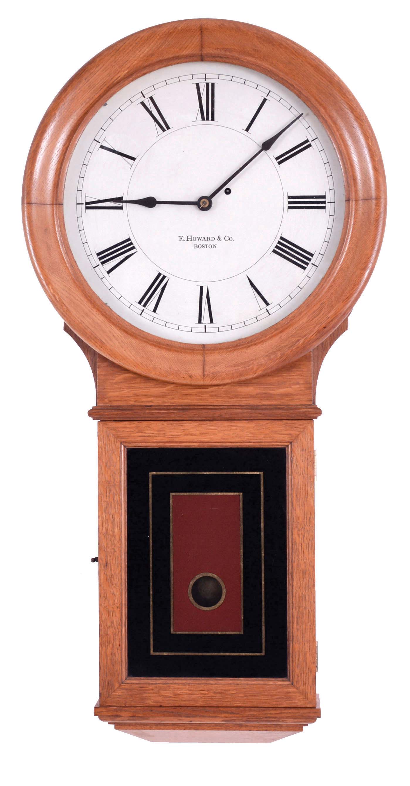 E. Howard & Co., Boston, Mass., "Regulator No. 70-16", wall clock, oak case with turned wooden bezel and reverse painted tablet, Roman numeral painted dial, blued steel hands, and 8 day, time only, weight driven movement — Antique Clocks Price Guide