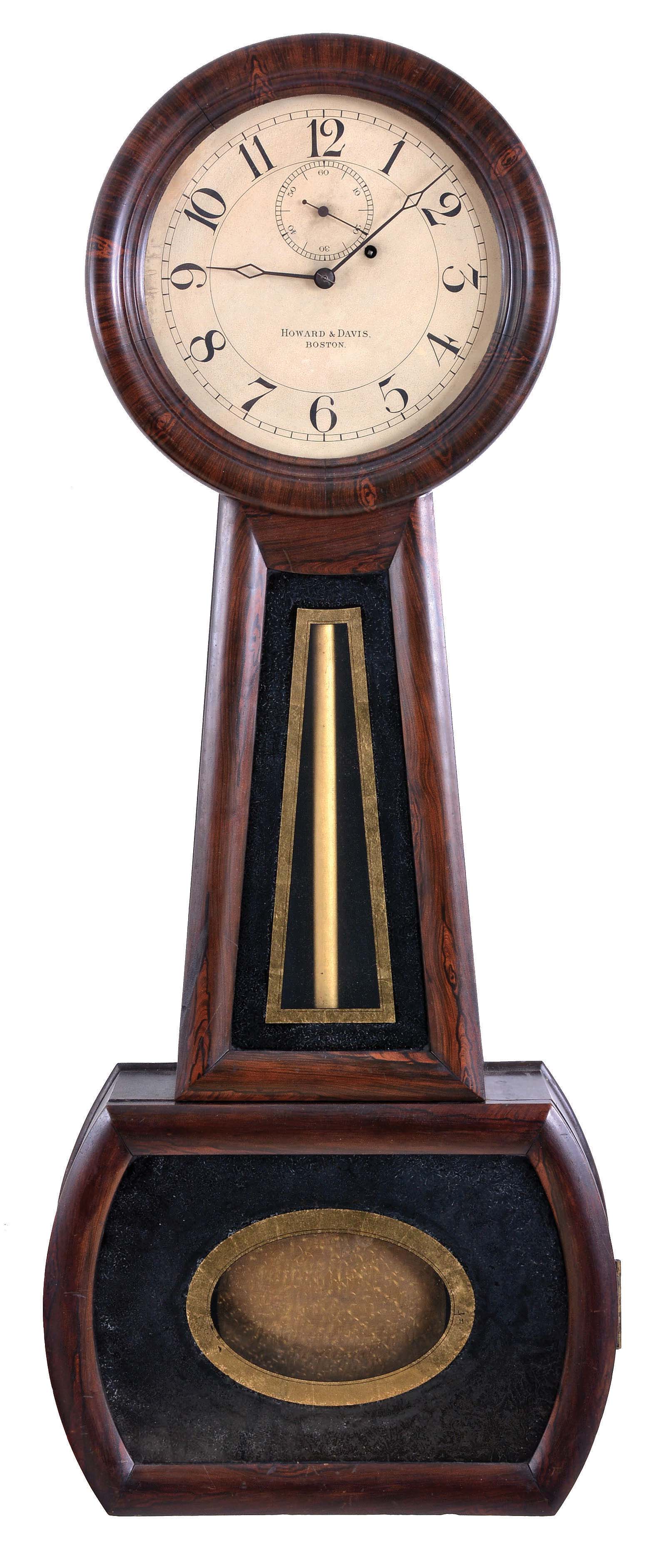 Howard & Davis, Boston, Mass., "Regulator No. 1" banjo wall clock, rosewood grain painted cherry case with Roman numeral, painted metal dial with diamond hands, reverse painted tablets, 8 day, time only, weight driven movement and damascened pendulum bob — Antique Clocks Price Guide