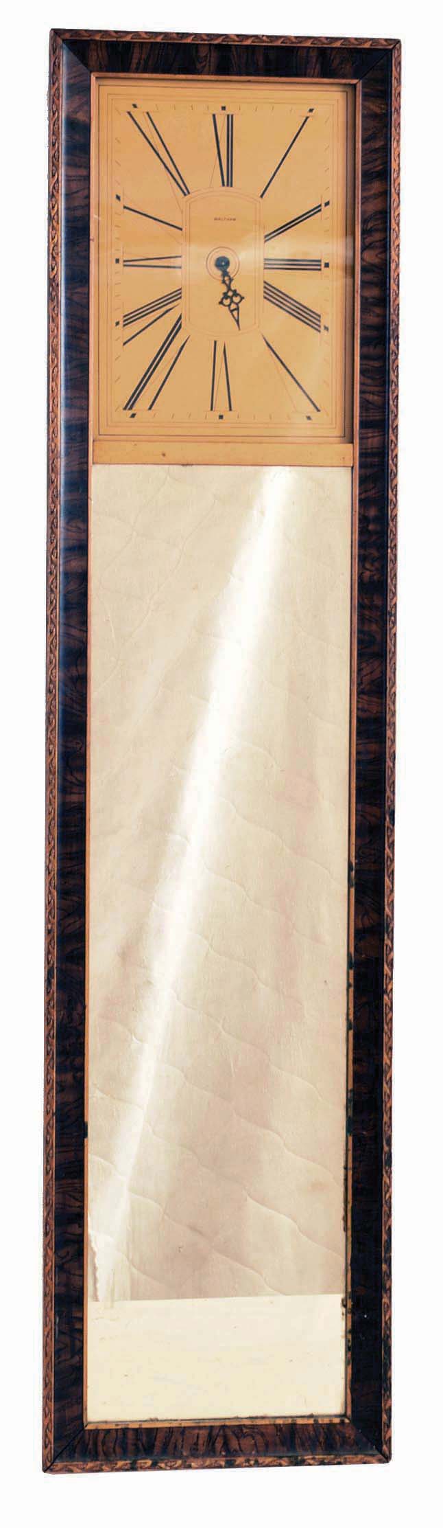 Clocks- 3 (Three) 8 day time only wall clocks: (1) Waltham mirror clock with 37- size twin spring car clock movement, c1925; (2) E. & A, Ingraham, Bristol, CT gilt wood gallery clock, c1852; (3) Waterbury "8 Inch Octagon" wall clock with balance wheel escapement, c1875 — Antique Clocks Price Guide