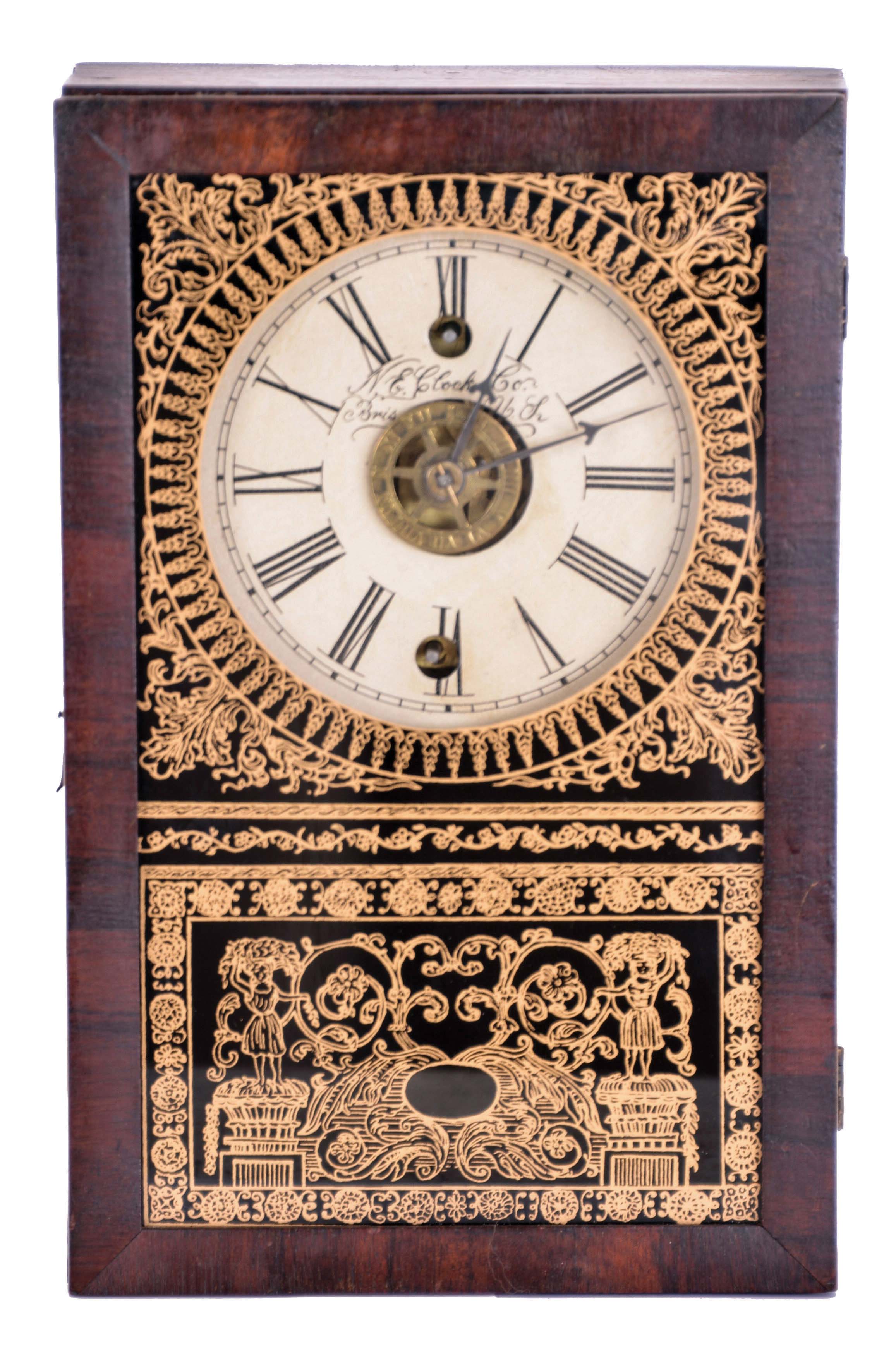 New England Clock Co., Bristol conn. 30 hour, time and alarm spring driven movement cigar box timepiece. — Antique Clocks Price Guide