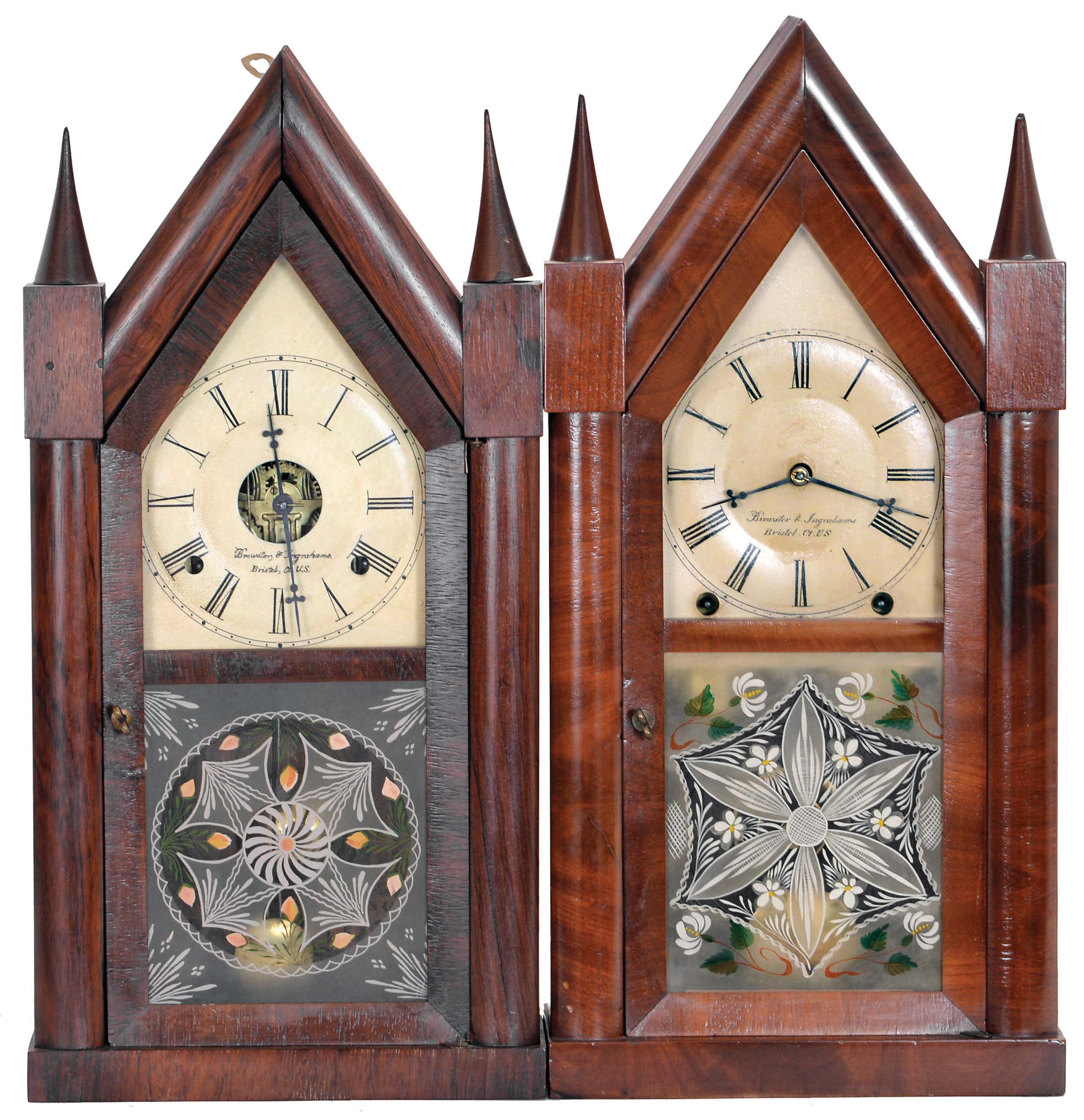 Clocks- 2 (Two): (1) Brewster & Ingrahams, Bristol, Conn. Steeple clock with a spring (brass) driven 30 hour time and strike movement in a rosewood and mahogany veneered case, c1850; (2) Brewster & Ingrahams, Bristol, Conn. Steeple clock with a spring driven, 8 day, time and strike movement in a mahogany veneered case, c1850. — Antique Clocks Price Guide