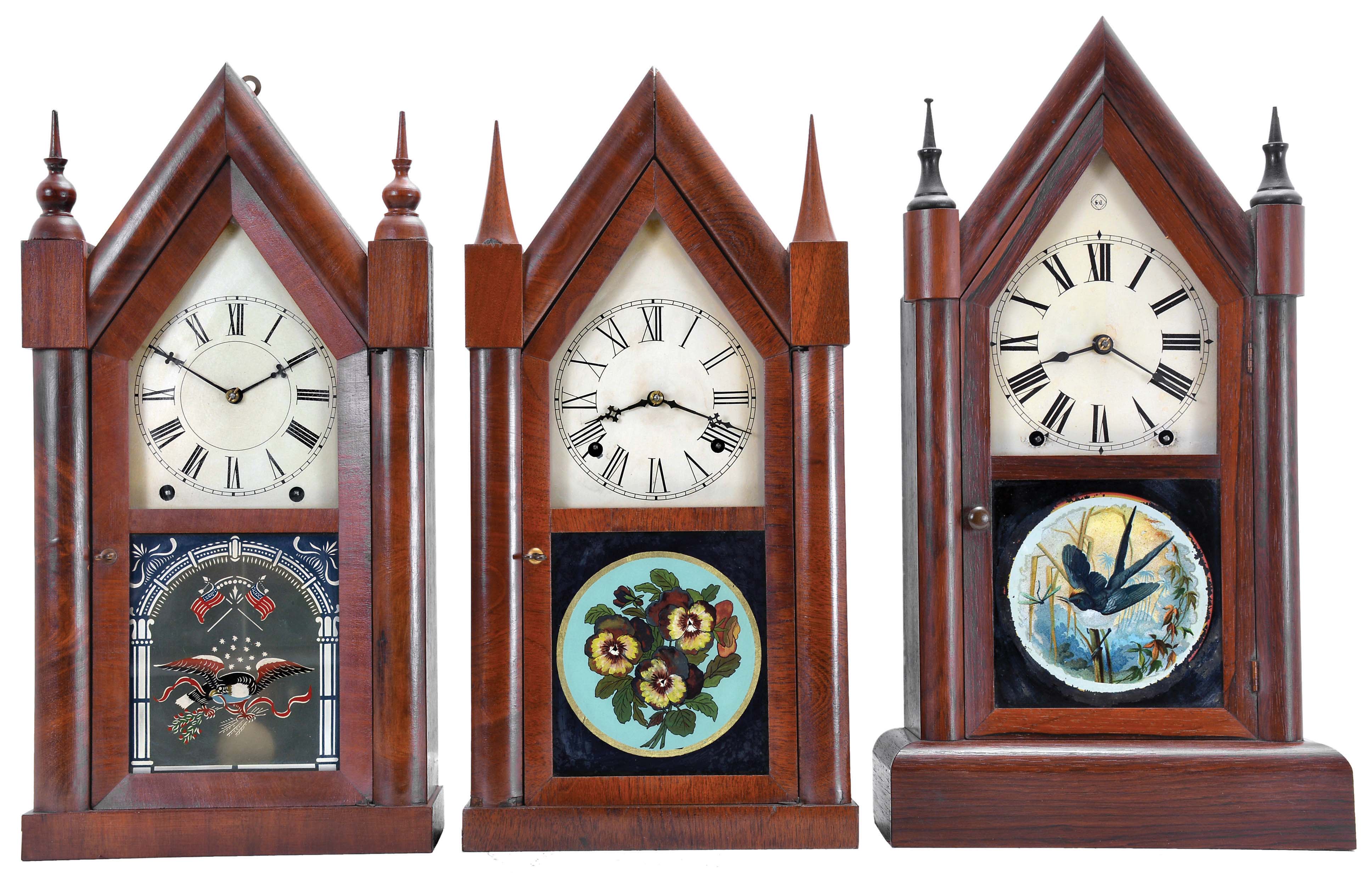 Clocks- 3 (Three): (1) Jerome & Co., New Haven, Conn., 8 day, time and strike spring driven movement Sharp Gothic or steeple clock, c1850; (2) Chauncey Goodrich, Bristol, Conn., 8 day, time and strike spring driven movement Sharp Gothic or steeple clock, c1850; (3) Seth Thomas Clock Co., Thomaston, Conn., 8 day, time and strike spring driven movement Sharp Gothic or steeple clock, c1870 — Antique Clocks Price Guide