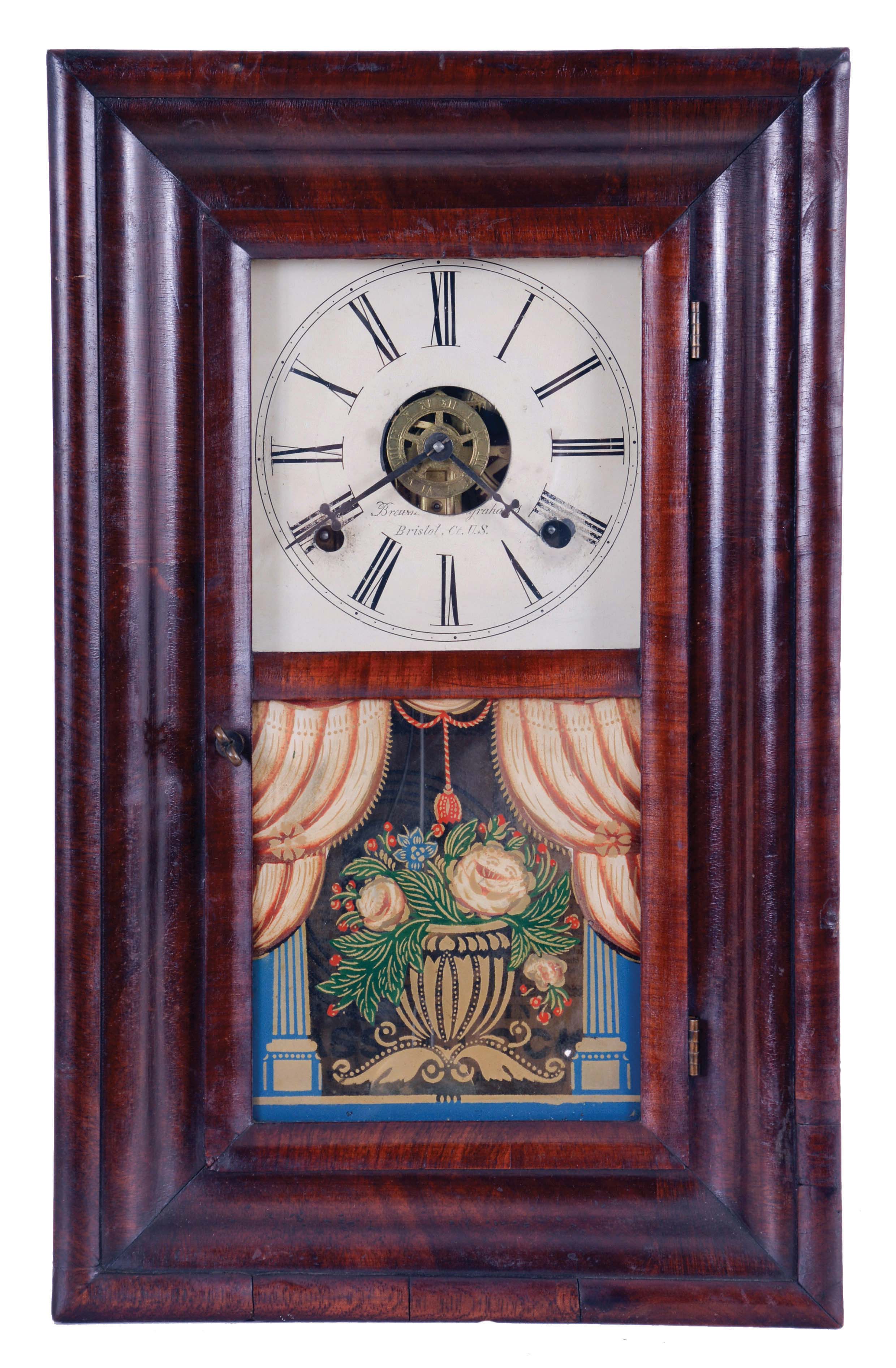 Clocks- 3 (Three): (1) New Haven Clock Co., New Haven, Conn., "Derby", 8 day, time, strike and alarm shelf clock, c1880; (2) Brewster & Ingrahams, Bristol, Conn., 30 hour, time, strike and alarm movement small OOG shelf clock with brass springs, c1850; (3) Bradley Manf'g Co., Southington, Conn., 8 day, time and strike cottage clock — Antique Clocks Price Guide