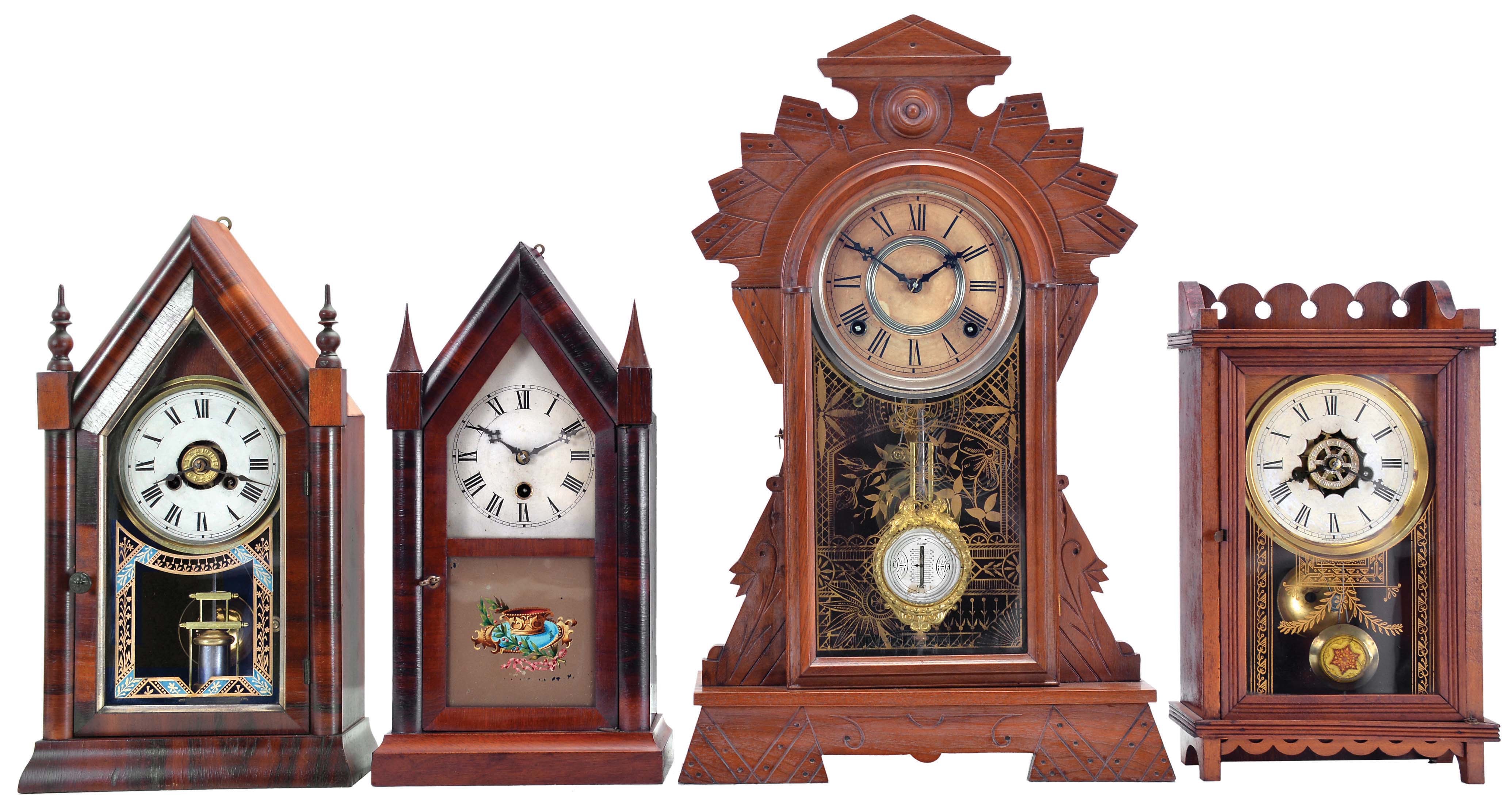 Clocks- 4 (Four): (1) Jerome & Co., New Haven, Conn., "Small Gothic" shelf clock with a spring driven 30 hour time and alarm movement in a rosewood veneered case, c1855. ; (2) E. N. Welch Mfg. Co., Forestville, Conn., "Sharp Gothic" shelf clock with a spring driven 30 hour timepiece movement in a rosewood and mahogany veneered case, c1870; (3) F. Kroeber, New York, "Patrol" shelf clock with a spring driven, 8 day, time and strike movement in a walnut case, c1888; (4) Waterbury Clock Co., Waterbury, Conn., "Racer" shelf clock with a spring driven 30 hour time and alarm movement in an imitation walnut case, c1891. — Antique Clocks Price Guide