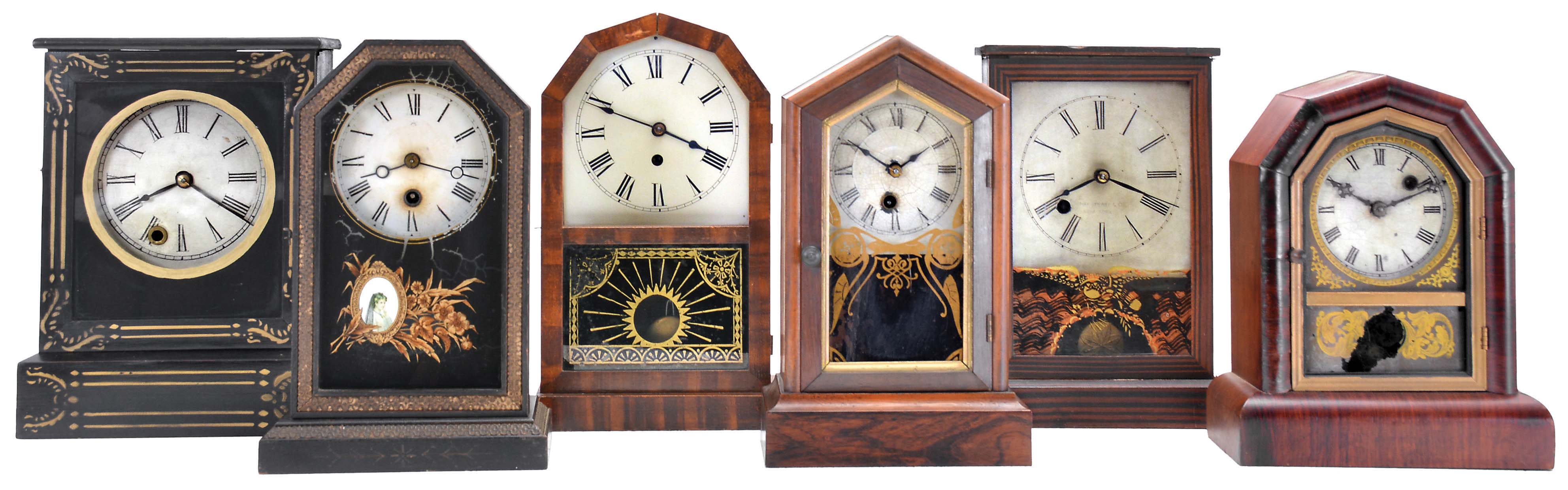 Clocks- 6 (Six): (1) Chauncey Jerome, New Haven, 30 hour, spring driven movement cottage timepiece, c1850; (2) Germany, Junghans, 30 hour, spring driven movement cottage timepiece, c1870; (3) Jerome & Co., New Haven, "Rocket", 30 hour, spring driven movement octagon top timepiece, c1870; (4) Ansonia Clock Co., New York, NY, 30 hour, spring driven movement cottage timepiece, c1880; (5) Henry Sperry & Co., New York, New York, 30 hour, spring driven movement cottage timepiece, c1860; (6) William L. Gilbert Clock Co., Winsted, Conn., 30 hour spring driven movement octagon top cottage timepiece, c1880 — Antique Clocks Price Guide
