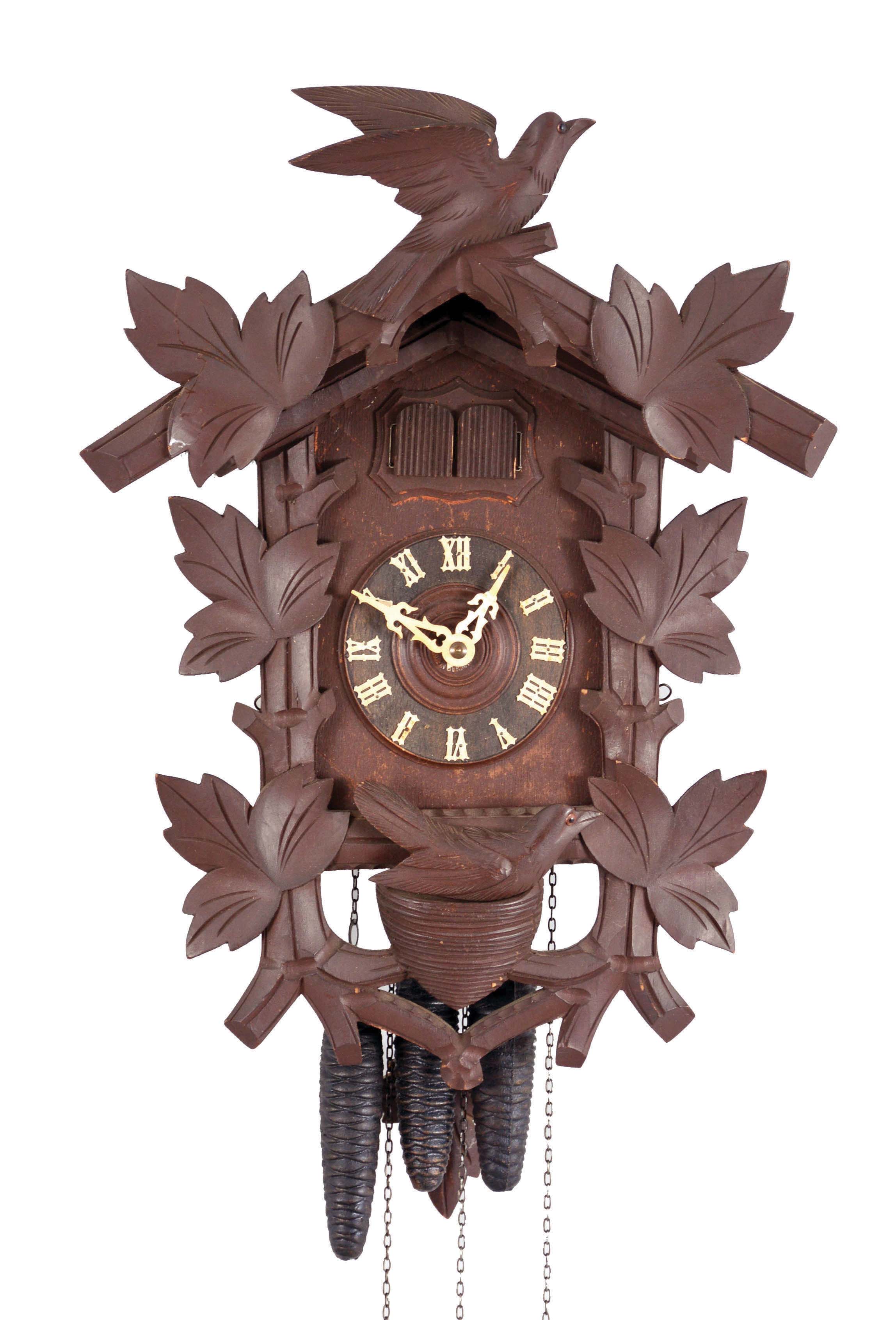 Clocks- 3 (Three) Wall Clocks: (1) Seth Thomas Clock Co., Thomaston, Conn., "Delaware", time only miniature banjo clock with lever movement in a mahogany case with glasses featuring George Washington and Mt. Vernon, c1954; (2) The Horolovar Co., New York, " Dickory, Dickory, Dock" novelty clock, 8 day, time only German balance wheel movement, c1970; (3) Hubert Herr, Triberg, Germany, for Welby Corporation, cuckoo & quail wall clock, 30 hour weight-driven in a carved wood case, c1965. — Antique Clocks Price Guide
