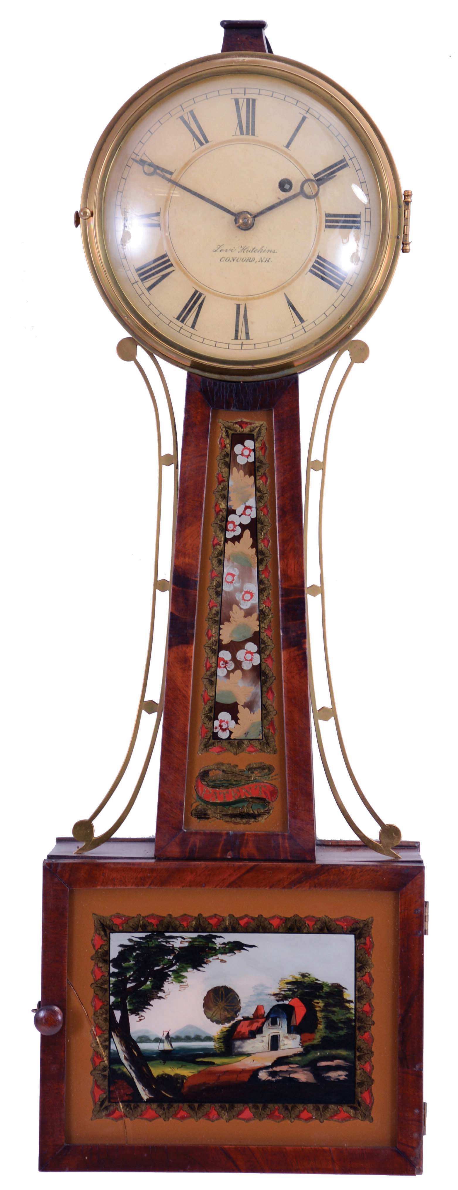 Levi Hutchins, Concord, New Hampshire, Patent or banjo timepiece with 8 day, weight driven, brass movement — Antique Clocks Price Guide