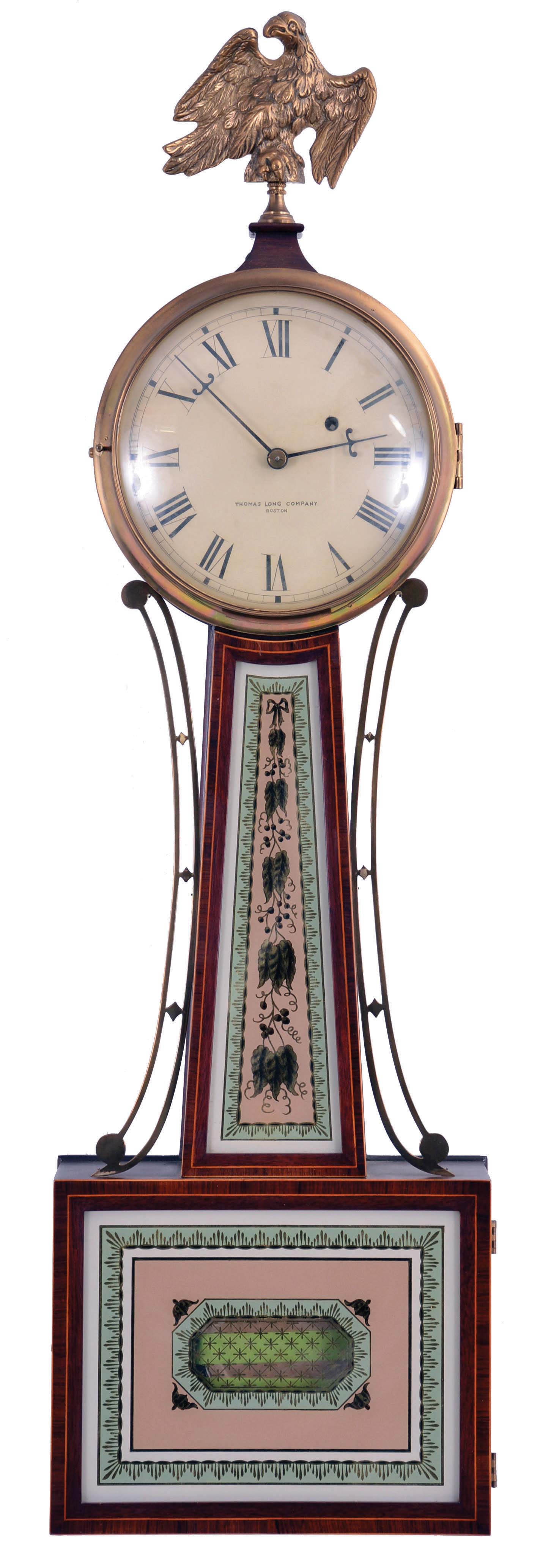 Boston, Mass., Patent or Banjo timepiece retailed by Thomas Long Co., Boston jewelers, with 8 day, weight driven, brass movement stamped E. Howard. — Antique Clocks Price Guide
