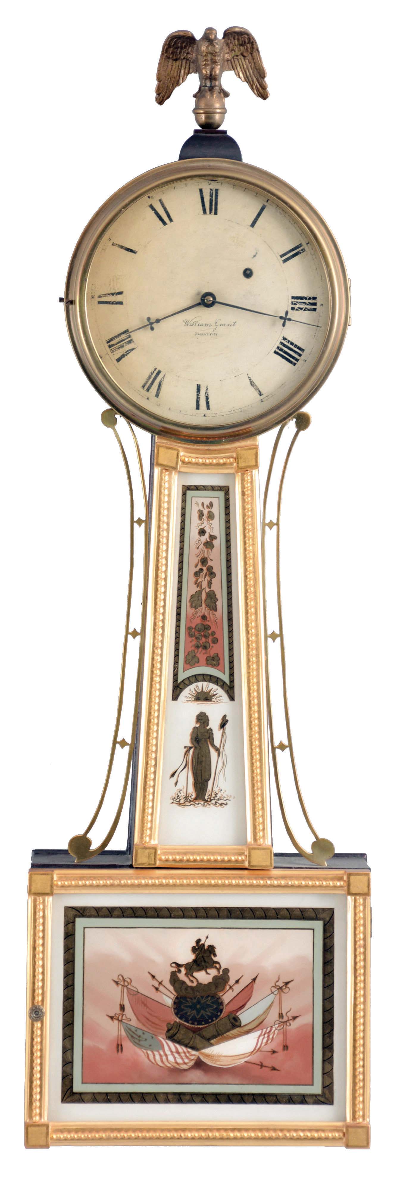 William Grant, Boston, Mass., Patent or banjo timepiece, with 8 day, weight driven brass timepiece movement — Antique Clocks Price Guide