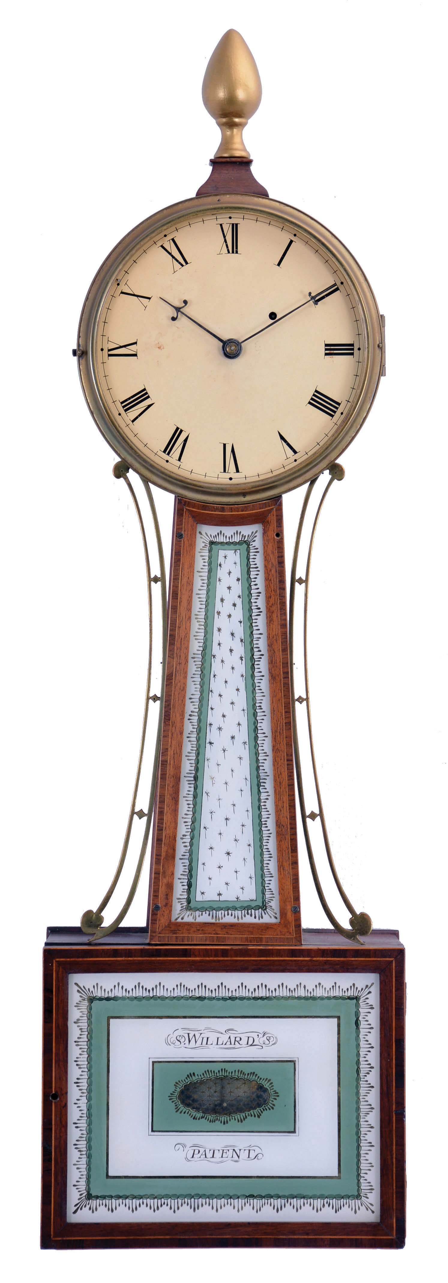 Willard style, Boston, 8 day, weight driven, brass T-bridge movement Patent or Banjo timepiece in cross banded case. — Antique Clocks Price Guide