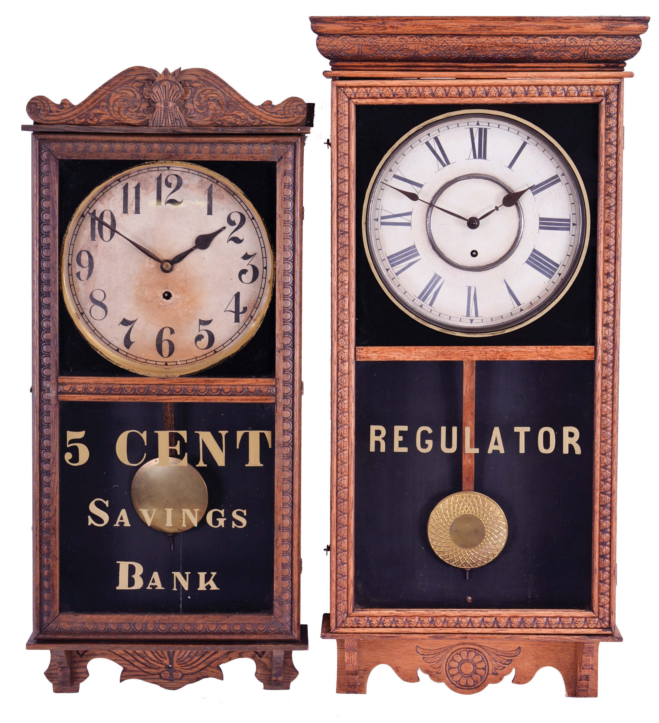 Clocks- 2 (Two): (1) William L. Gilbert Clock Co., Winsted, Conn., "Observatory", 8 day, spring driven movement wall regulator, c1913; (2) Sessions Clock Co., Forestville, Conn., "Regulator E", 8 day, spring driven movement wall regulator, c1908 — Antique Clocks Price Guide