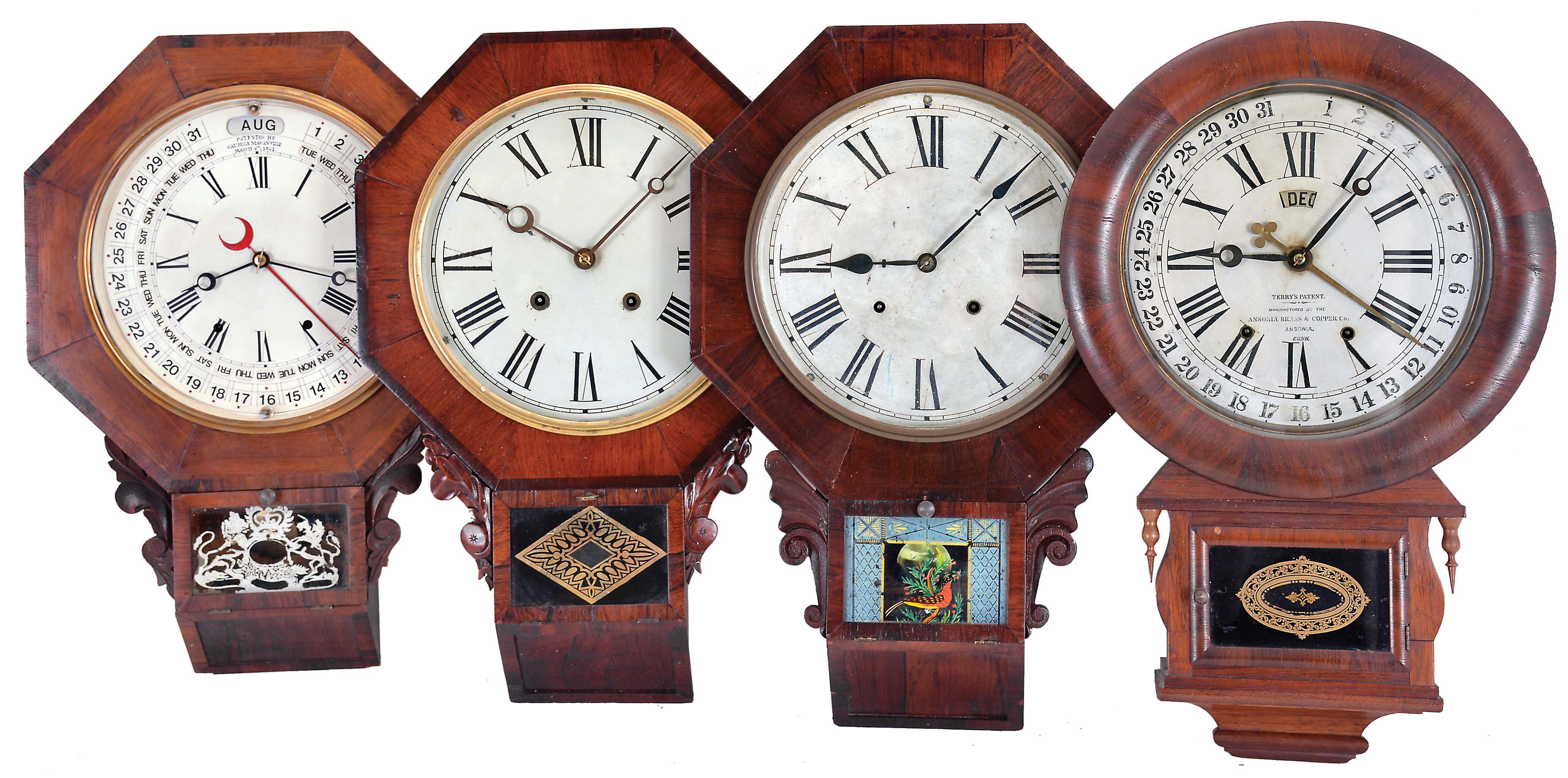 Clocks- 4 (Four): (1) Ansonia Clock Co., Ansonia, Conn., "Drop Extra Calendar", 8 day, time and strike spring driven movement William A. Terry's Patent calendar wall clock, c1877; (2) Gilbert Mfg. Co., Winstead, Conn., 8 day, time and strike spring driven, Galusha calendar drop octagon wall clock, c1867; (3) E. N. Welch Mfg. Co., Forestville, Conn., 8 day, time and strike spring driven movement drop octagon wall clock, c1870; (4) E. N. Welch, Forestville, Conn., 8 day, time and strike spring driven movement drop octagon wall clock, c1860 — Antique Clocks Price Guide