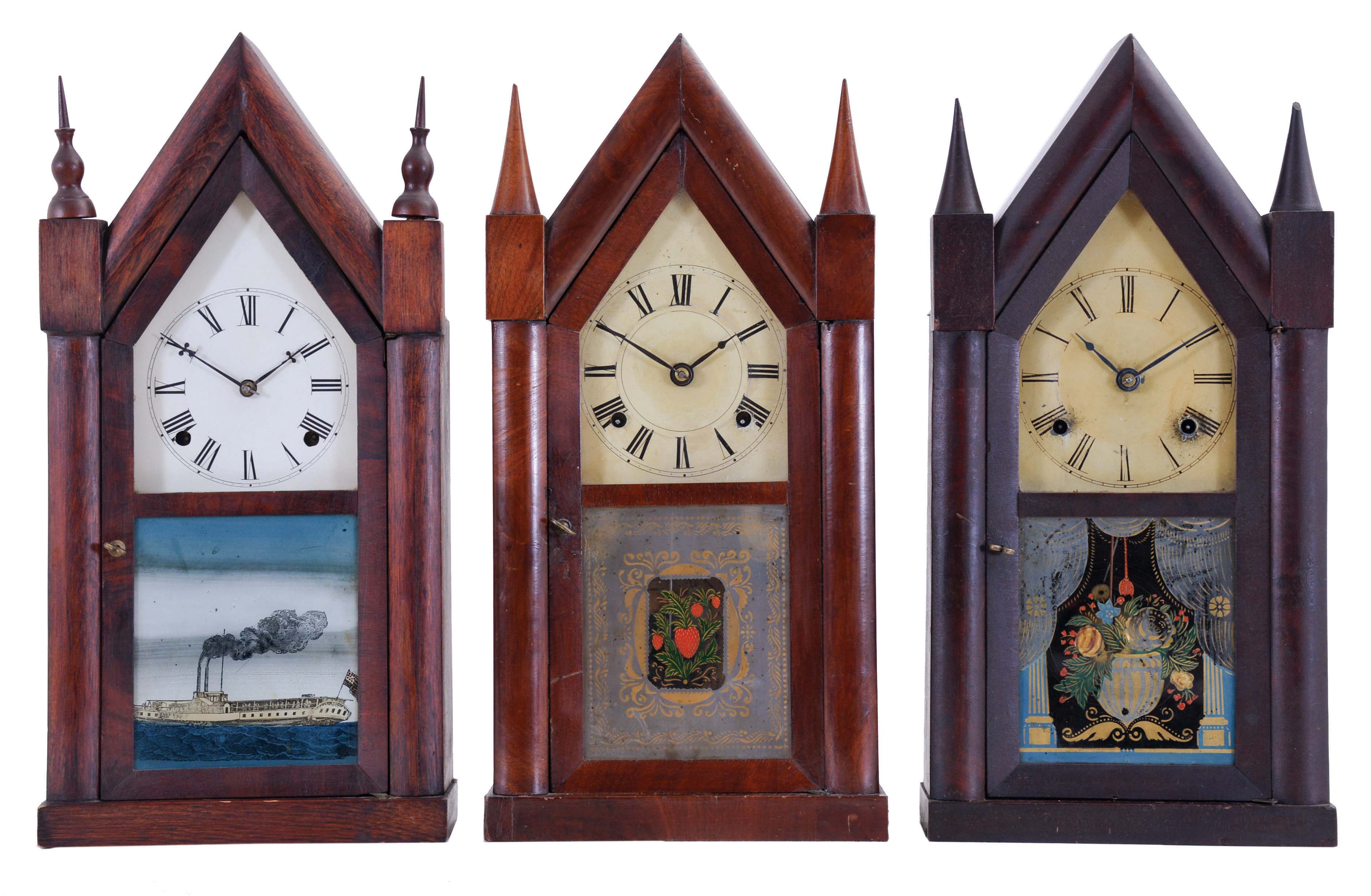 Clocks- 3 (Three): (1) Pomeroy & Parker, Bristol, Conn., 8 day, time and strike spring driven movement Sharp Gothic or steeple shelf clock, c1850; (2) C. Boardman & J. A. Wells, Bristol, Conn. 30 hour, time and strike spring driven, fusee movement Sharp Gothic or steeple clock, c1845; (3) Brewster & Ingrahams, Bristol, 30 hour, time and strike spring driven movement Sharp Gothic or steeple clock, c1850 — Antique Clocks Price Guide