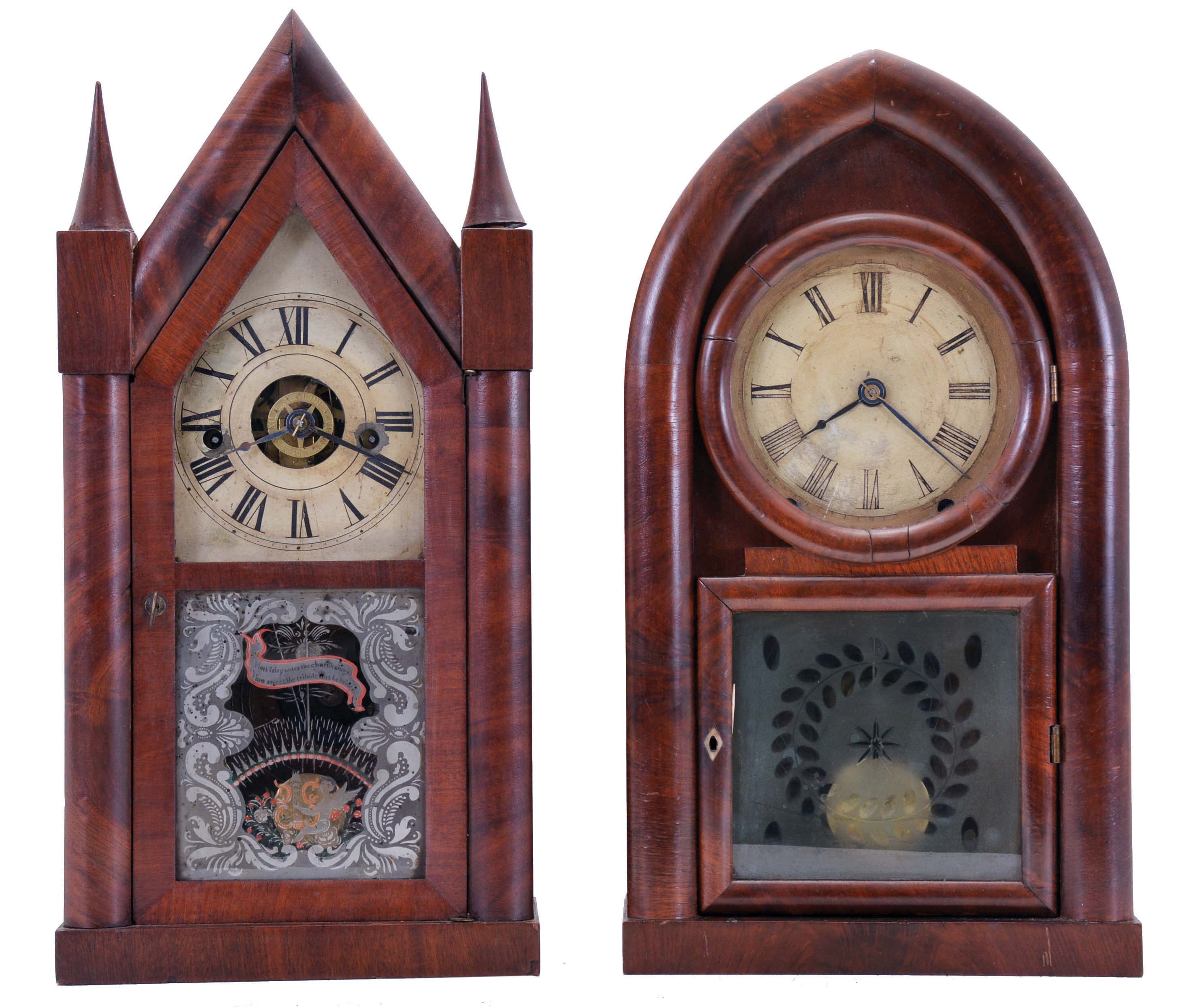 Clocks- 2 (Two): (1) Terry & Andrews, Bristol, Conn., 30 hour, time, strike and alarm spring driven movement sharp gothic or steeple clock, c1850; (2) Brewster & Ingrahams, Bristol, Conn., 8 day, time and strike spring driven movement Round Gothic or beehive clock, c1845 — Antique Clocks Price Guide