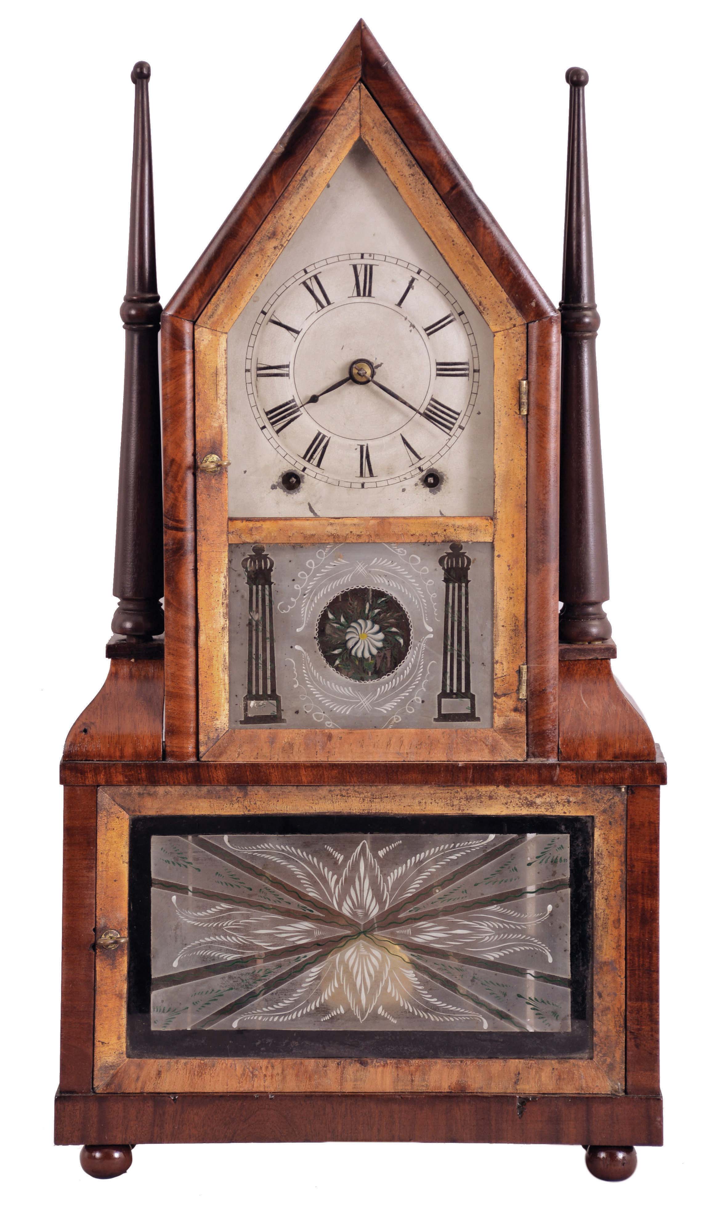 Birge & Fuller, Bristol, Conn., steeple on frame with candle finials or double steeple shelf clock, 8 day, time and strike brass wagon spring movement — Antique Clocks Price Guide