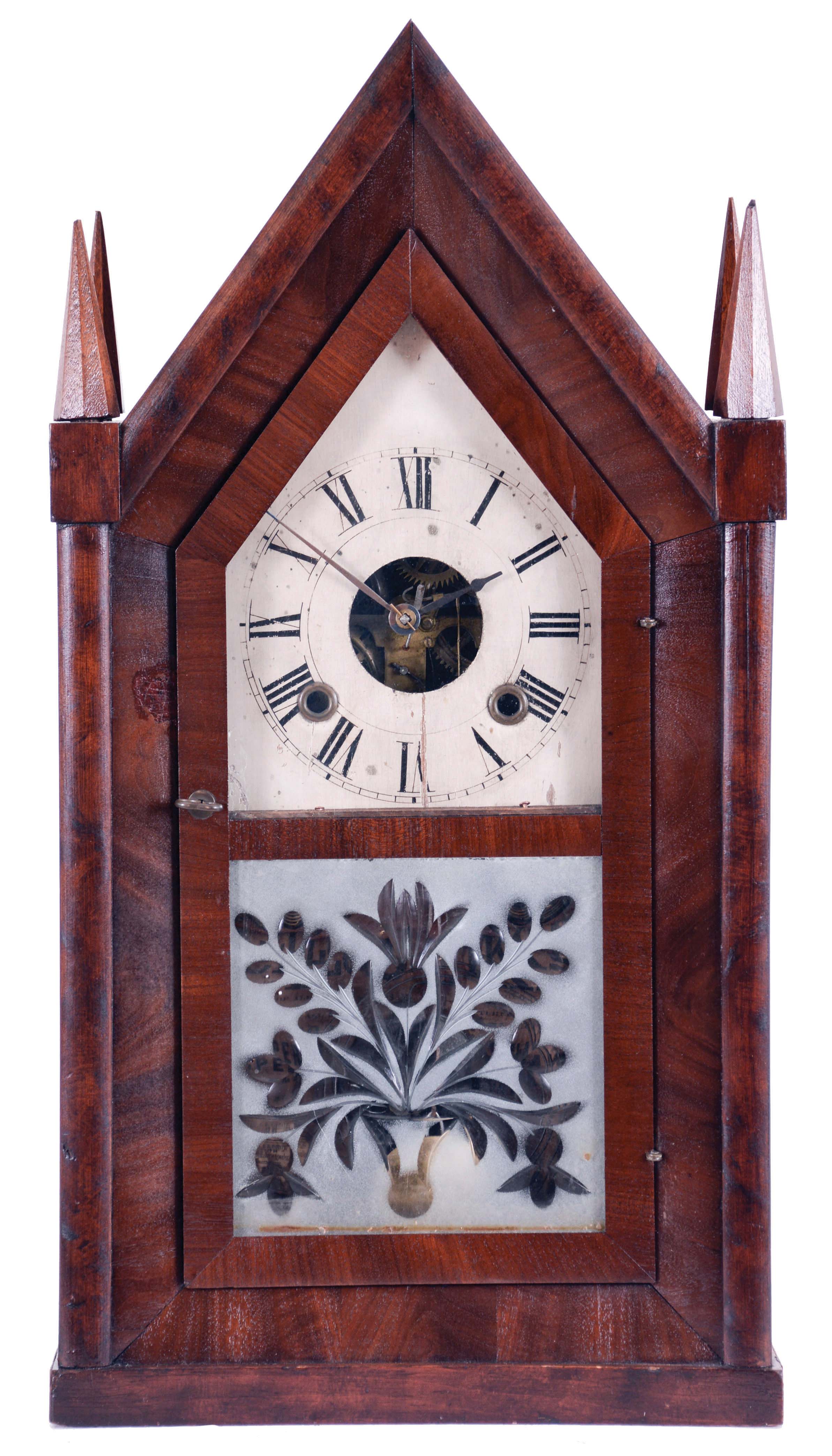 Sperry & Shaw, New York, New York, 30 hour, time and strike spring fusee bevel front Sharp Gothic or steeple clock, c1850 — Antique Clocks Price Guide