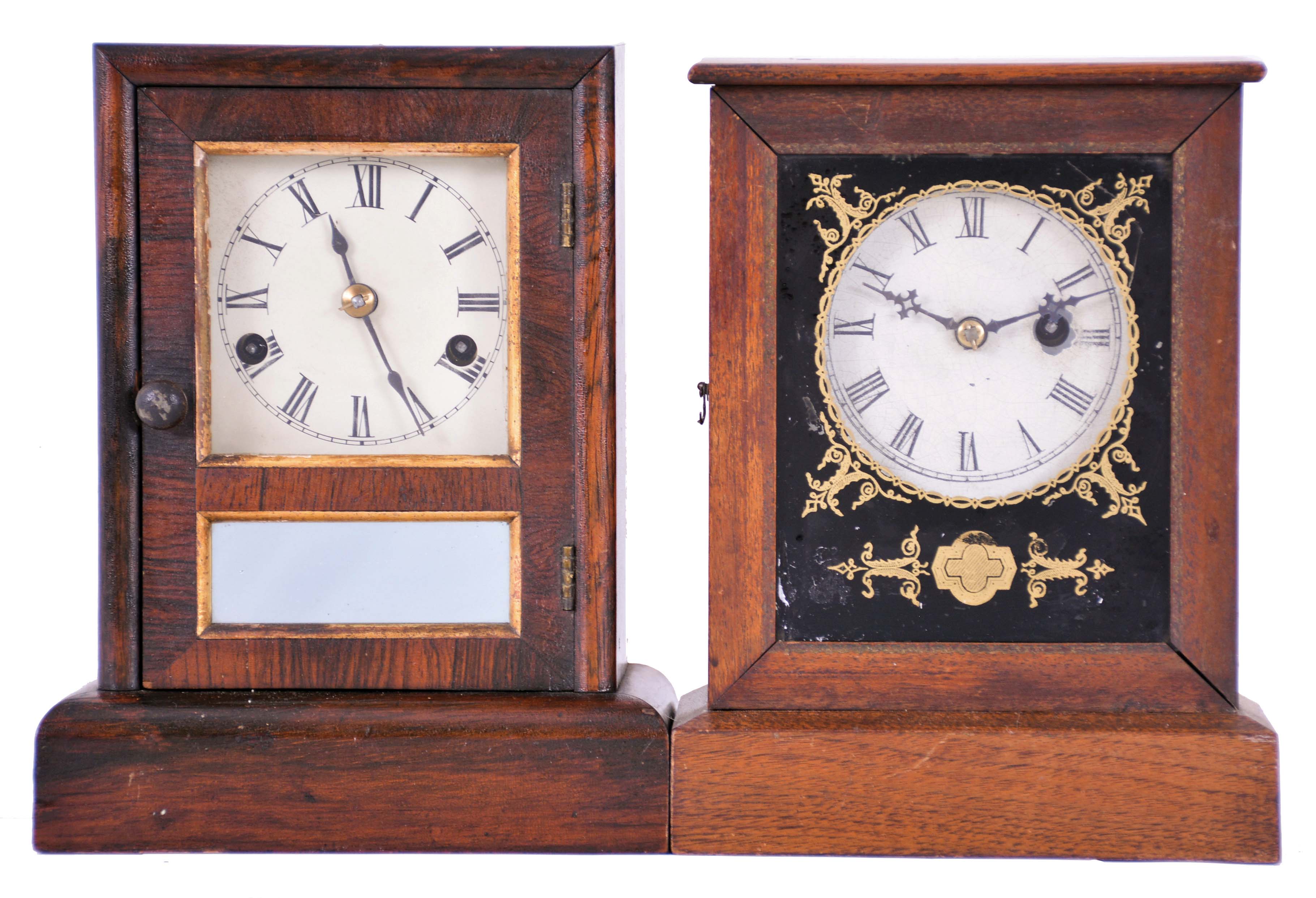 Clocks- 2 (Two): (1) Seth Thomas Clock Co., Thomaston, Conn., cottage clock with a spring driven 30 hour time and strike movement in a rosewood veneered case, c1875; (2) Unidentified American cottage clock with a spring driven 30 hour timepiece movement in a walnut case, c1870. — Antique Clocks Price Guide