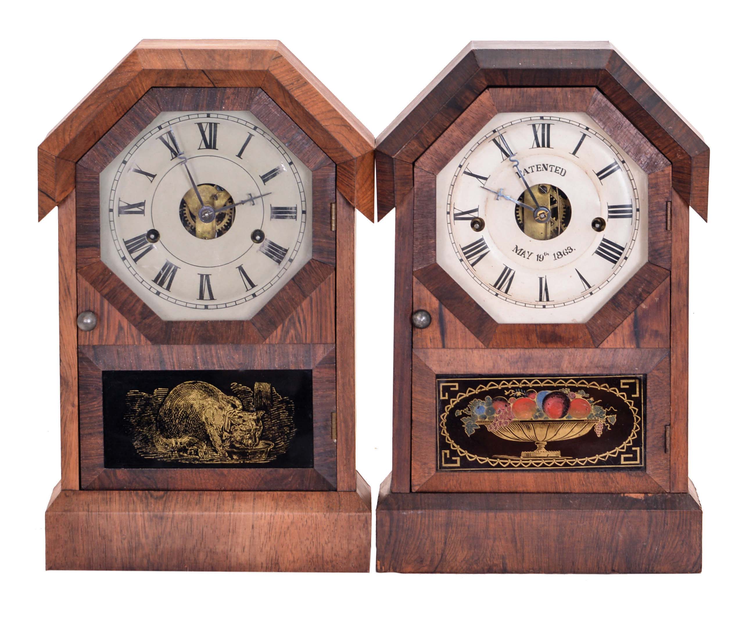 Clocks- 2 (Two): (1) Seth Thomas Clock Co., Thomaston, Conn., "Octagon Top" shelf clock with a spring driven 30 hour time and strike movement (round style) in a rosewood veneered case, c1870; (2) Seth Thomas Clock Co., Plymouth Hollow, Conn., "Octagon Top " shelf clock with a spring driven 30 hour time and strike movement (lyre style) in a rosewood veneered case, c1865. — Antique Clocks Price Guide