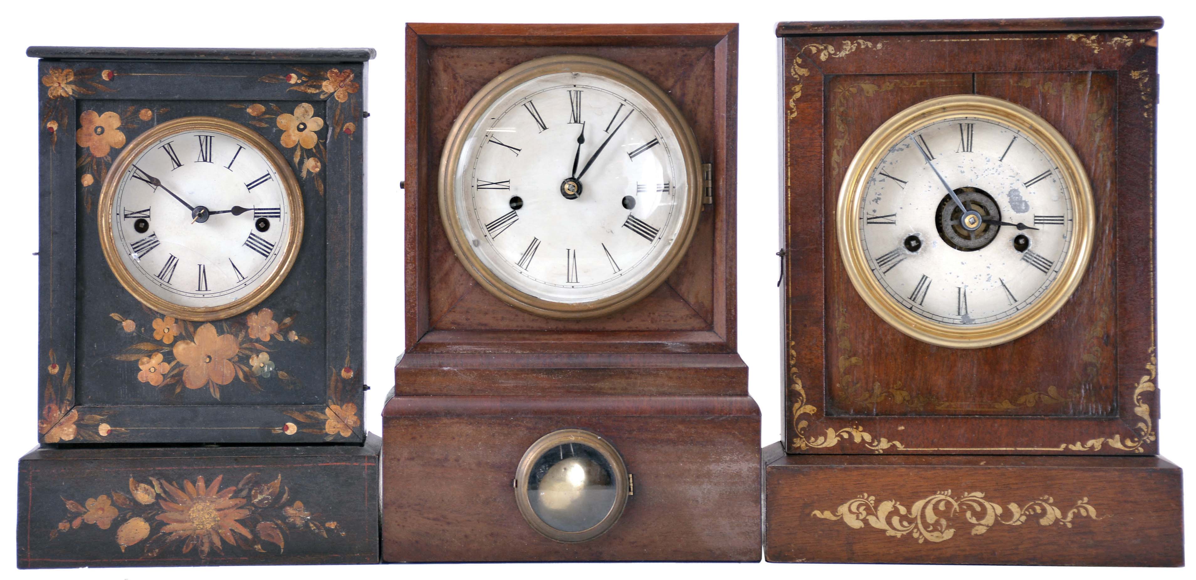 Clocks- 3 (Three): (1) Chauncey Jerome, New Haven, Conn., 30 hour, time, strike and alarm spring driven movement cottage clock, c1850; (2) Unknown, probably Chauncey Jerome, New Haven, Conn., 30 hour, time and strike spring driven movement cottage clock, c1850; (3) Unknown, possibly C. Jerome or J. C. Brown, 30 hour, time and strike spring driven movement cottage clock, c1850. — Antique Clocks Price Guide