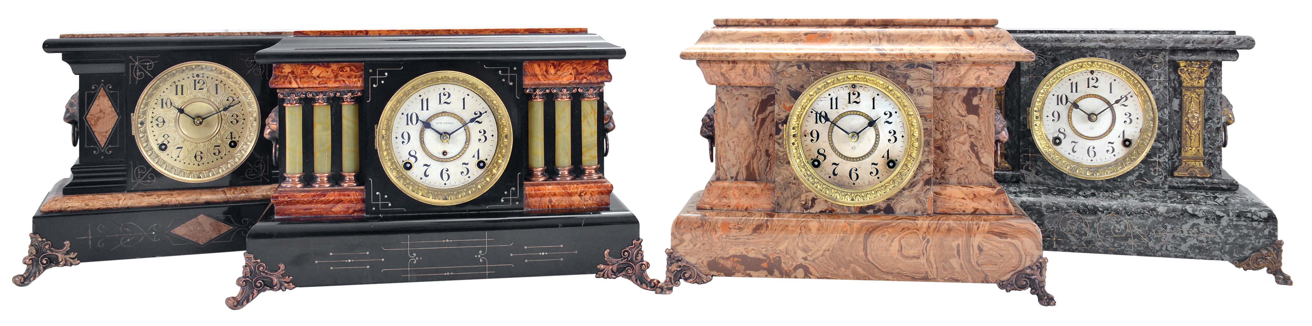 Clocks- 4 (Four): (1) Seth Thomas Clock Co., Thomaston, Conn., "Mystic", 8 day, time and strike spring driven movement Adamantine celluloid finish) mantel clock, c1898; (2) Seth Thomas Clock Co., Thomaston, Conn., "Clay", 8 day, time and strike spring driven movement Adamantine mantel clock, c1906; (3) Seth Thomas Clock Co., Thomaston, Conn., 8 day, time and strike spring driven movement Adamantine mantel clock, c1906; (4) Seth Thomas Clock Co., Thomaston, Conn., 8 day, time and strike spring driven movement Adamantine mantel clock, c1900. — Antique Clocks Price Guide