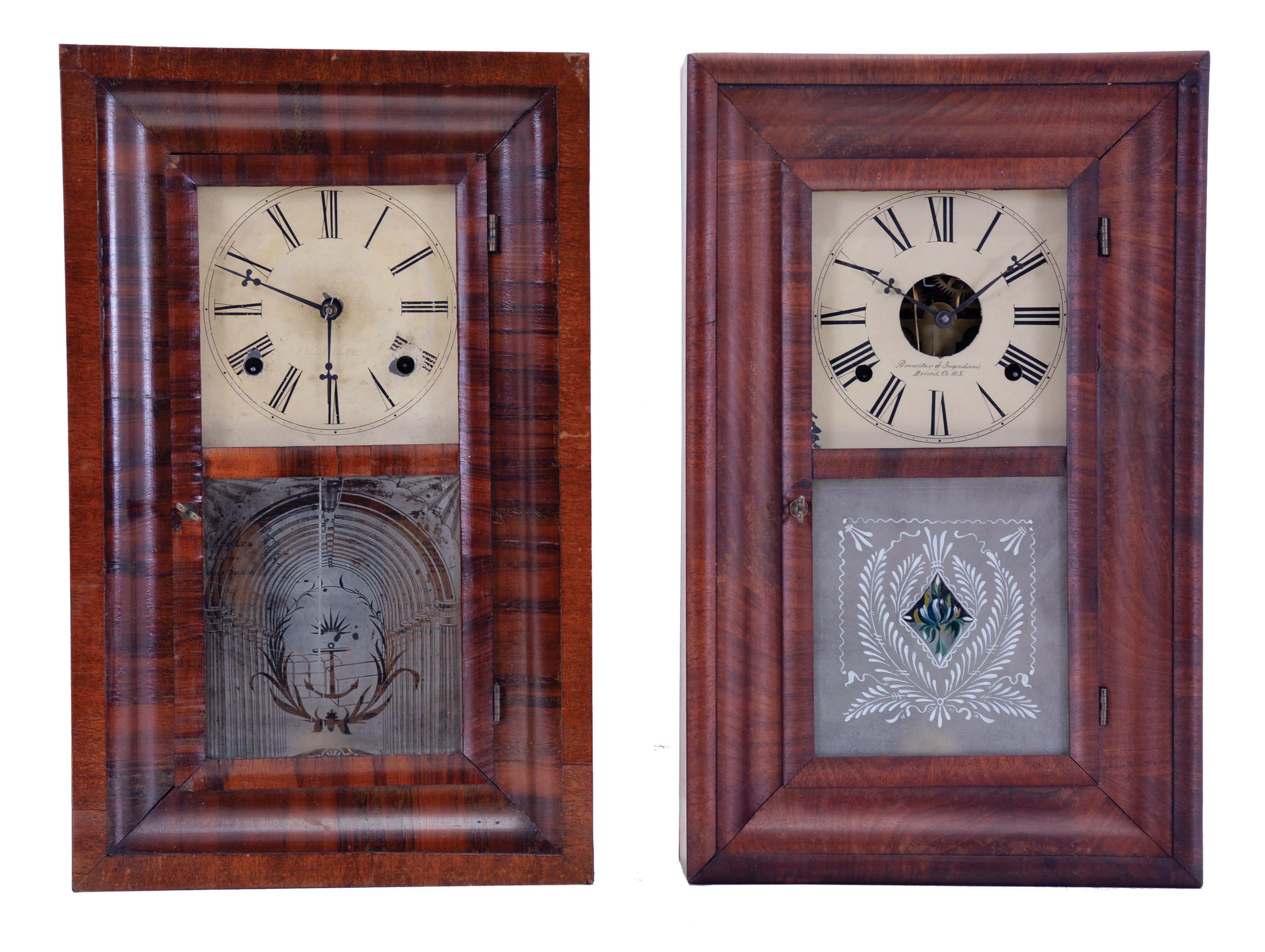Clocks- 2 (Two): (1) Brewster & Ingrahams, Bristol, Conn., miniature OG shelf clock with spring driven 30 hour time and strike movement in a mahogany veneered case, c1850; (2) Brewster & Ingrahams, Bristol, Conn., miniature OOG shelf clock with a spring (brass) driven 30 hour time and strike movement in a mahogany veneered case, c1848. — Antique Clocks Price Guide