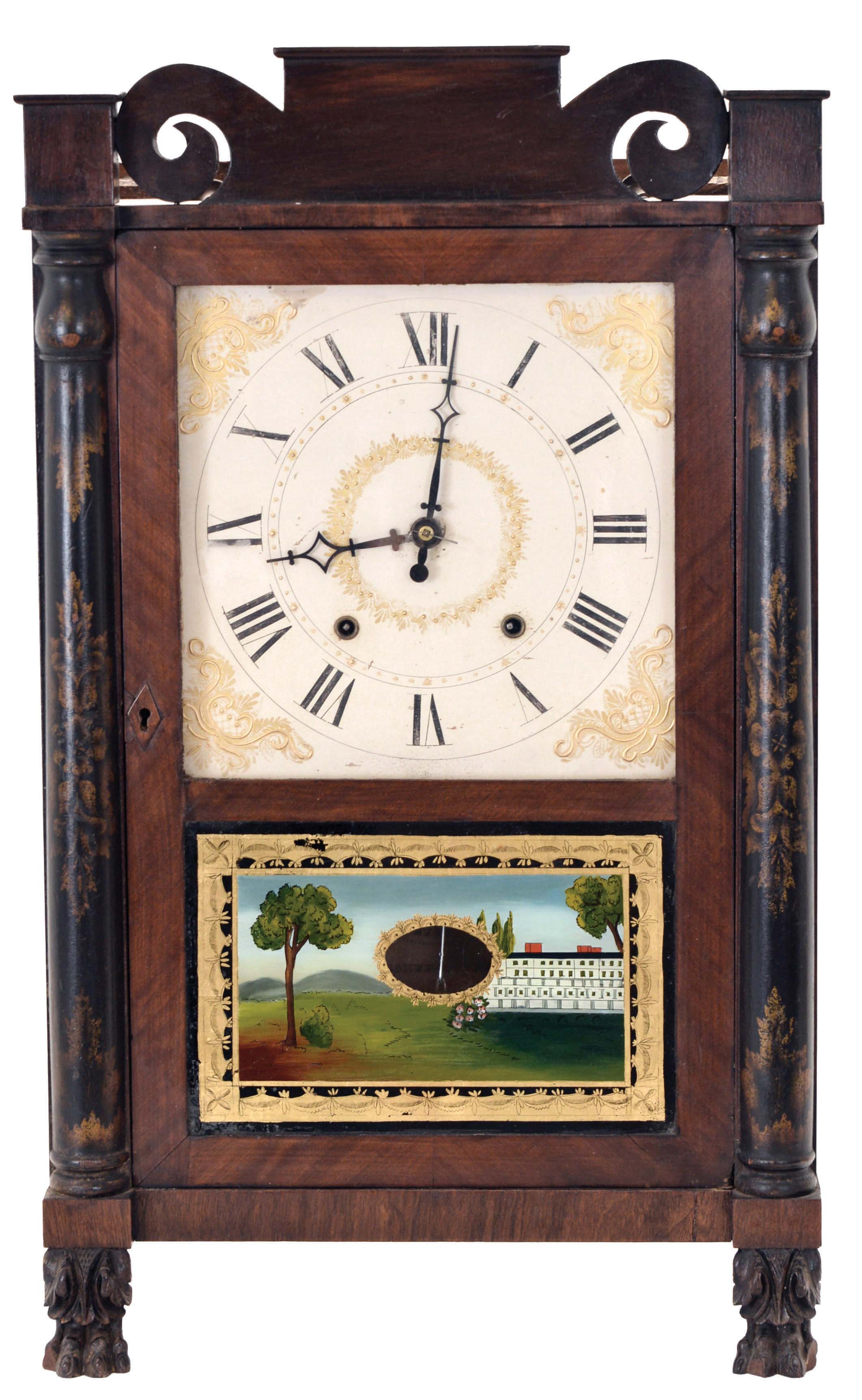 Ephraim Downs for George Mitchell, Bristol, Conn., 30 hour, time and strike weight wood movement half column & splat shelf clock. — Antique Clocks Price Guide