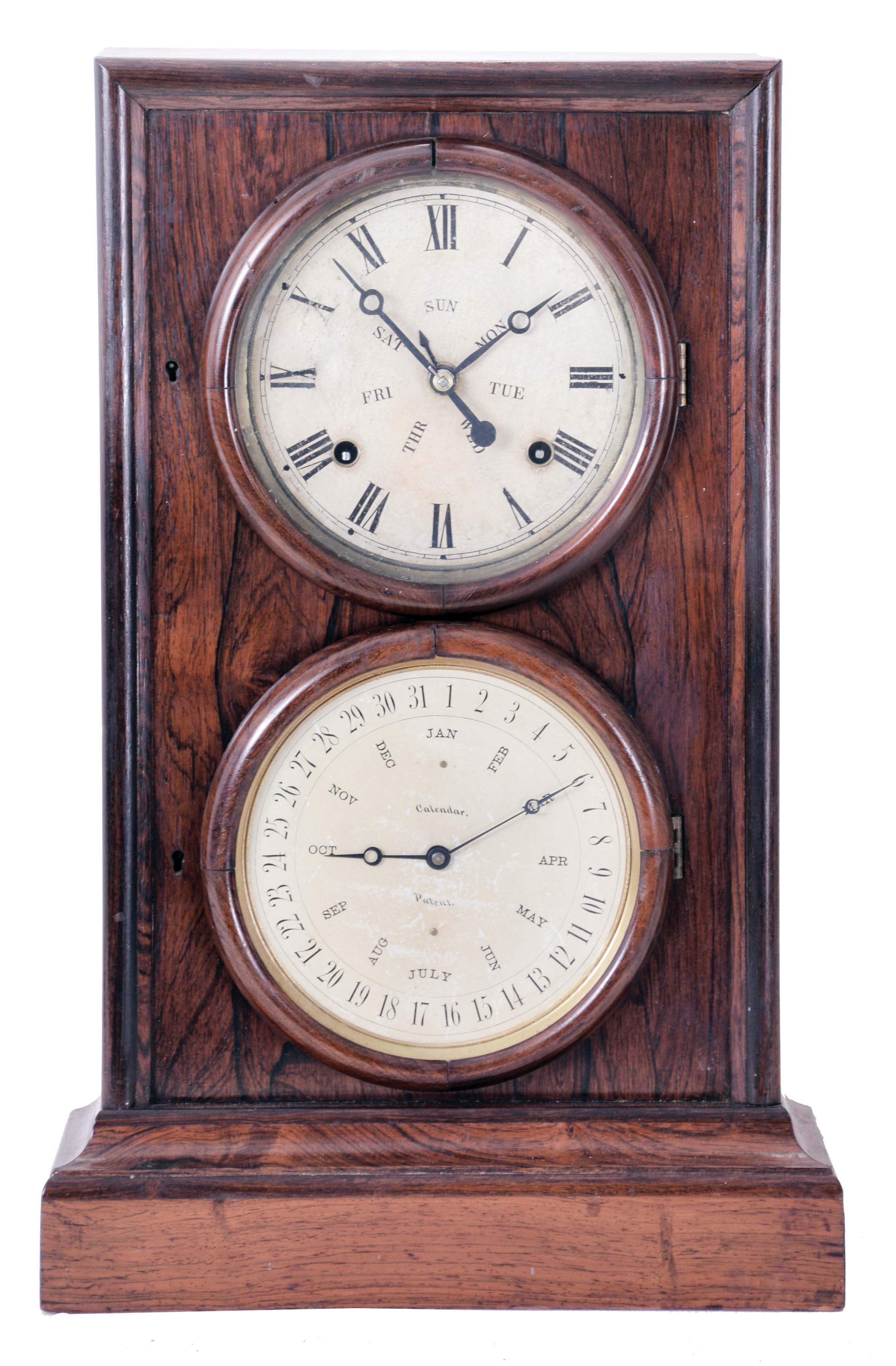 L. F. & W. W. Carter, Bristol, Conn. double dial shelf clock with a spring driven, 8 day, time and strike movement with B. B. Lewis perpetual calendar mechanism in a rosewood veneered case. — Antique Clocks Price Guide