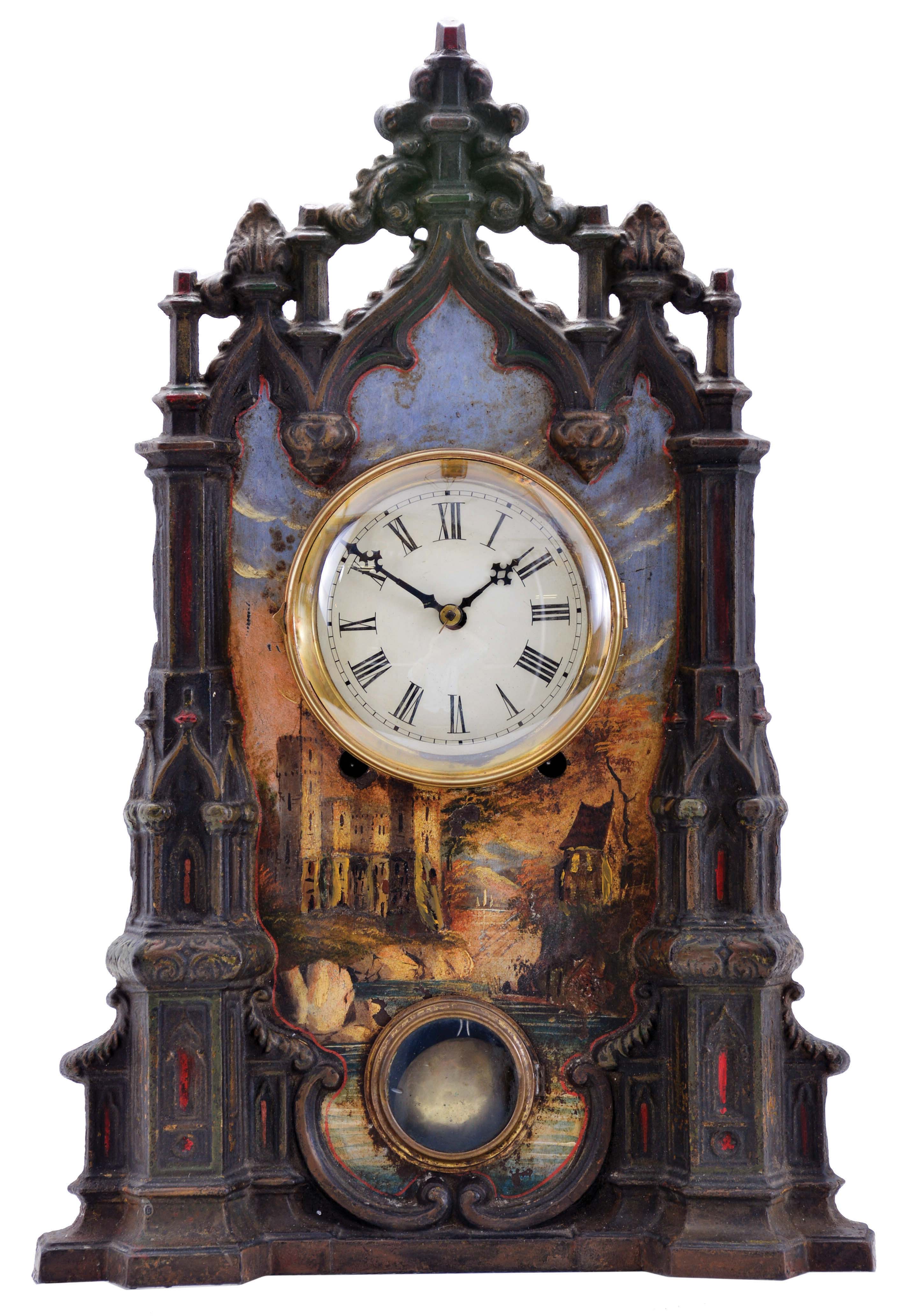 Unknown, 8 day, time and strike spring driven movement iron front mantel clock. — Antique Clocks Price Guide
