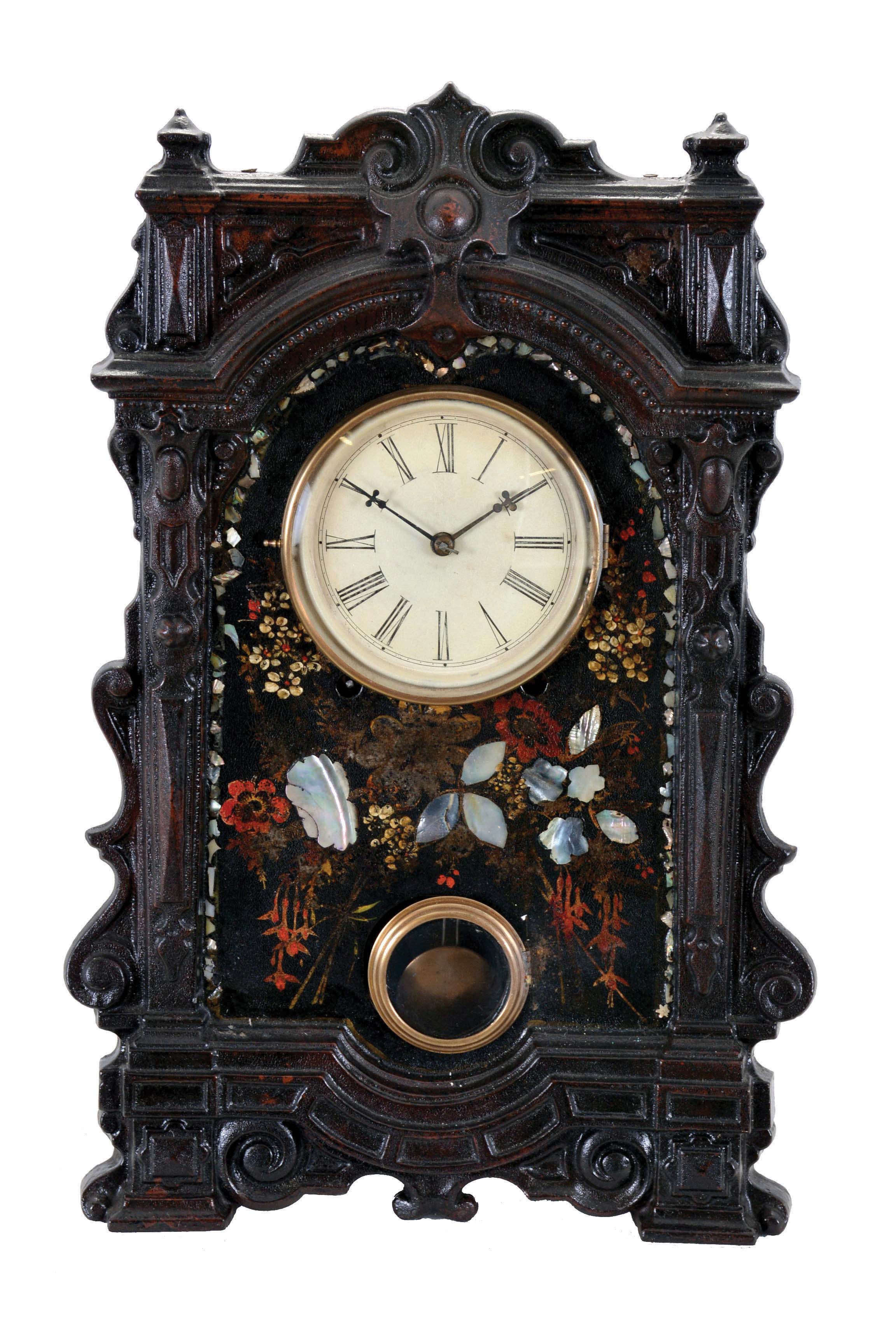 New Haven Clock Co., New Haven, Conn., 8 day, time and strike spring driven movement iron front shelf clock. — Antique Clocks Price Guide