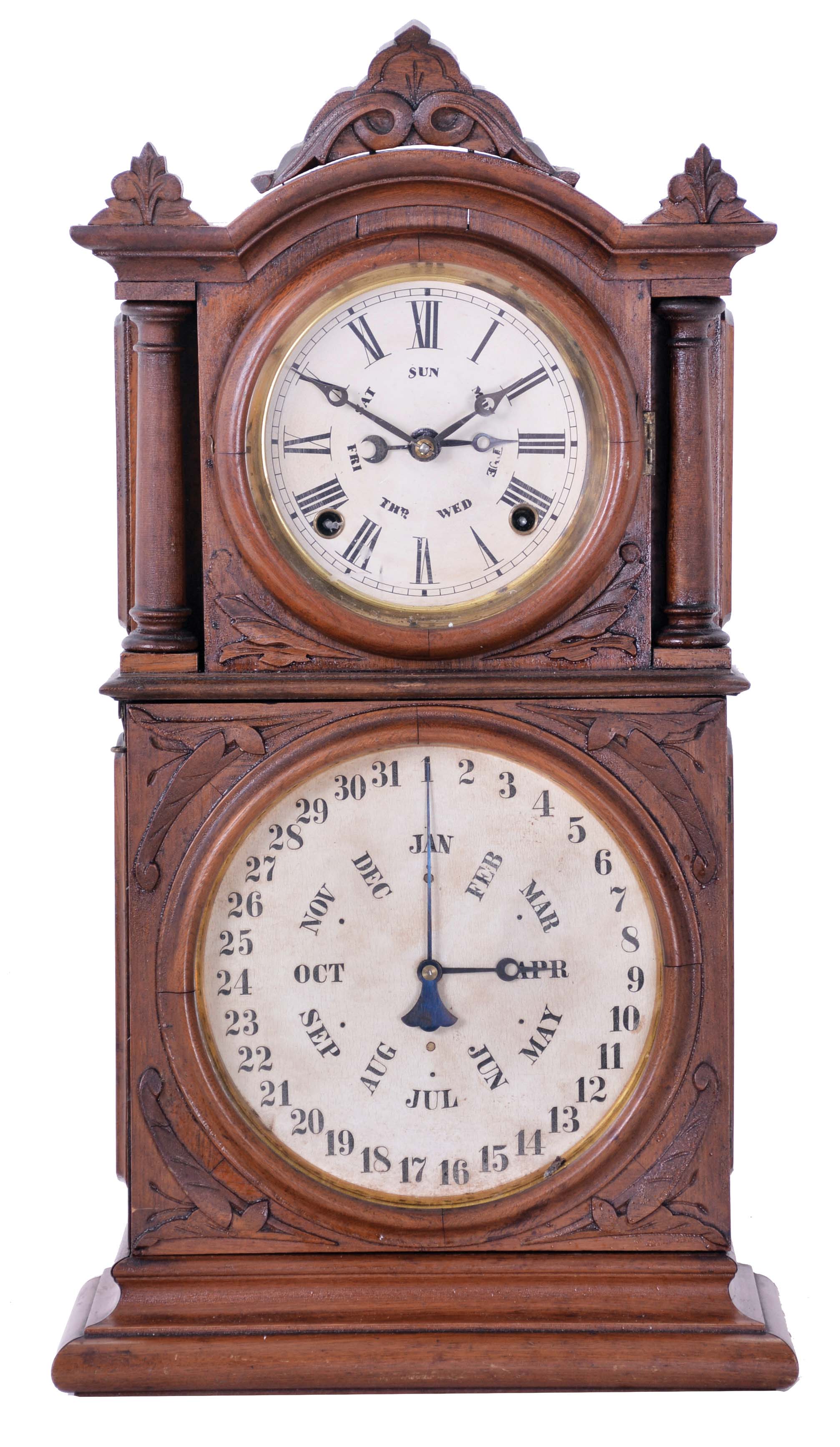 E. Ingraham & Co., Bristol, Conn., "Ingraham Calendar" double dial shelf clock with a spring driven, 8 day, time and strike movement with a B. B. Lewis patent calendar mechanism in a walnut case. — Antique Clocks Price Guide