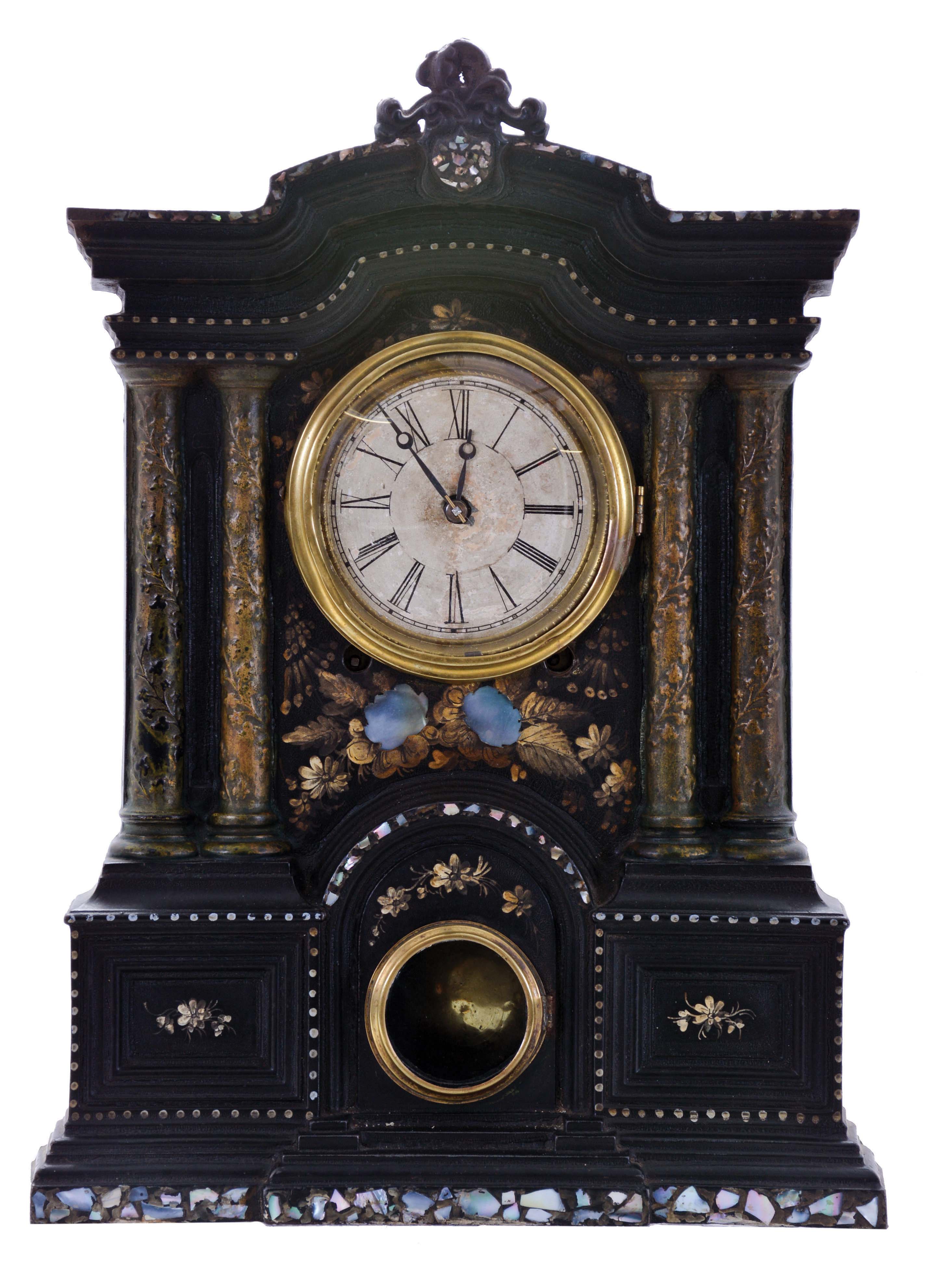 American Clock Co., New York, New York, 8 day, time and strike spring driven movement iron front shelf clock. Movement appears to be a New Haven Clock Co. — Antique Clocks Price Guide