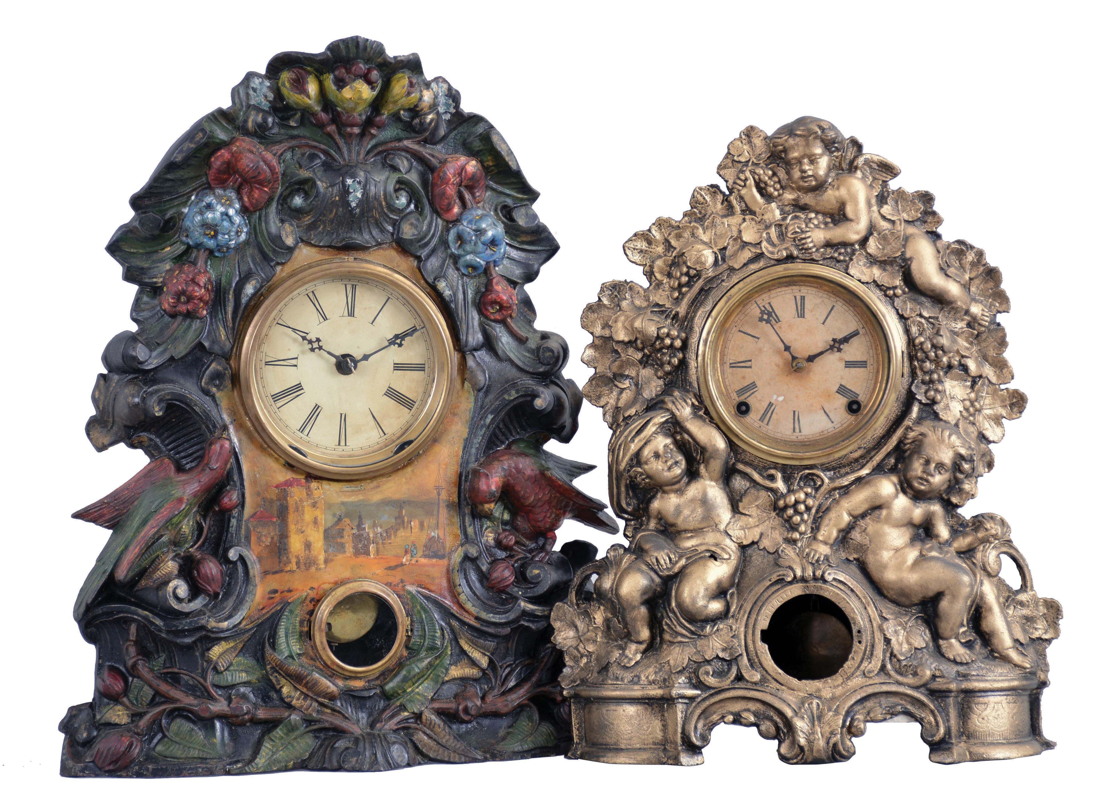 Clocks- 2 (Two): (1) American Clock Co., New York, New York, 8 day, time and strike spring driven movement iron front mantel clock, c1865; (2) American Clock Co., New York, New York, 8 day, time and strike spring driven movement iron front mantel clock. Cast iron front made by N. Muller, New York, No. 42, c1865 — Antique Clocks Price Guide