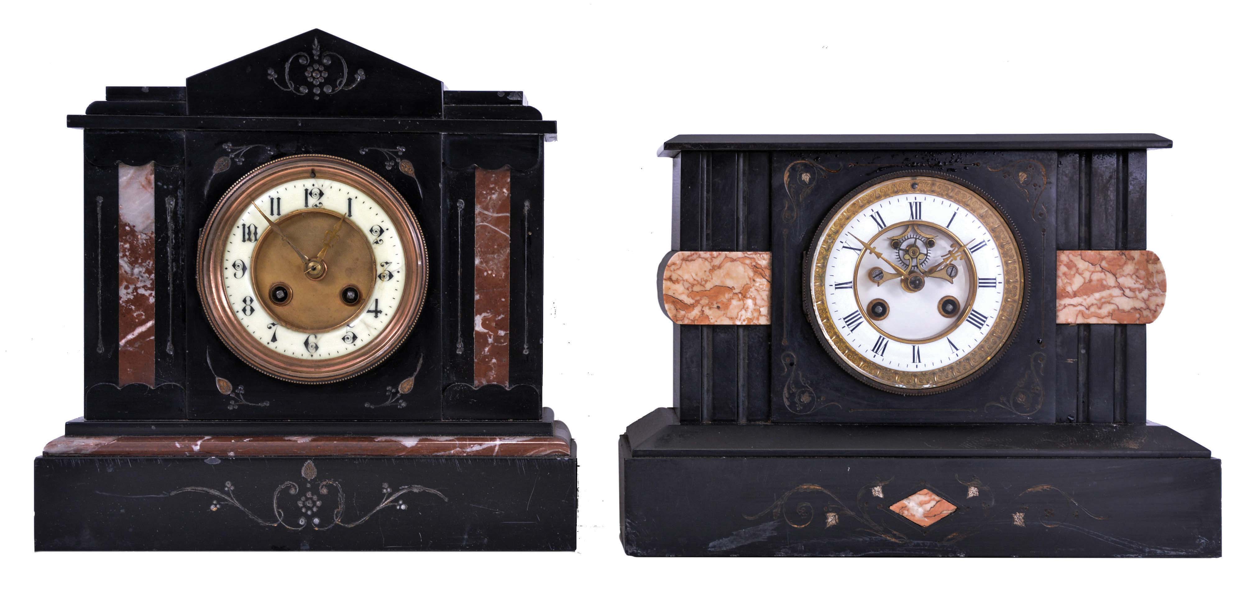 Clocks- 2 (Two) French Black Mantel: (1) 8 day time and gong strike spring driven movement mantel clock with Marti movement with visible Brocot escapement in black slate case with variegated pink marble accents; (2) 8 day time and gong strike spring driven movement mantel clock with black slate case and dark red marble inlay and trim. — Antique Clocks Price Guide