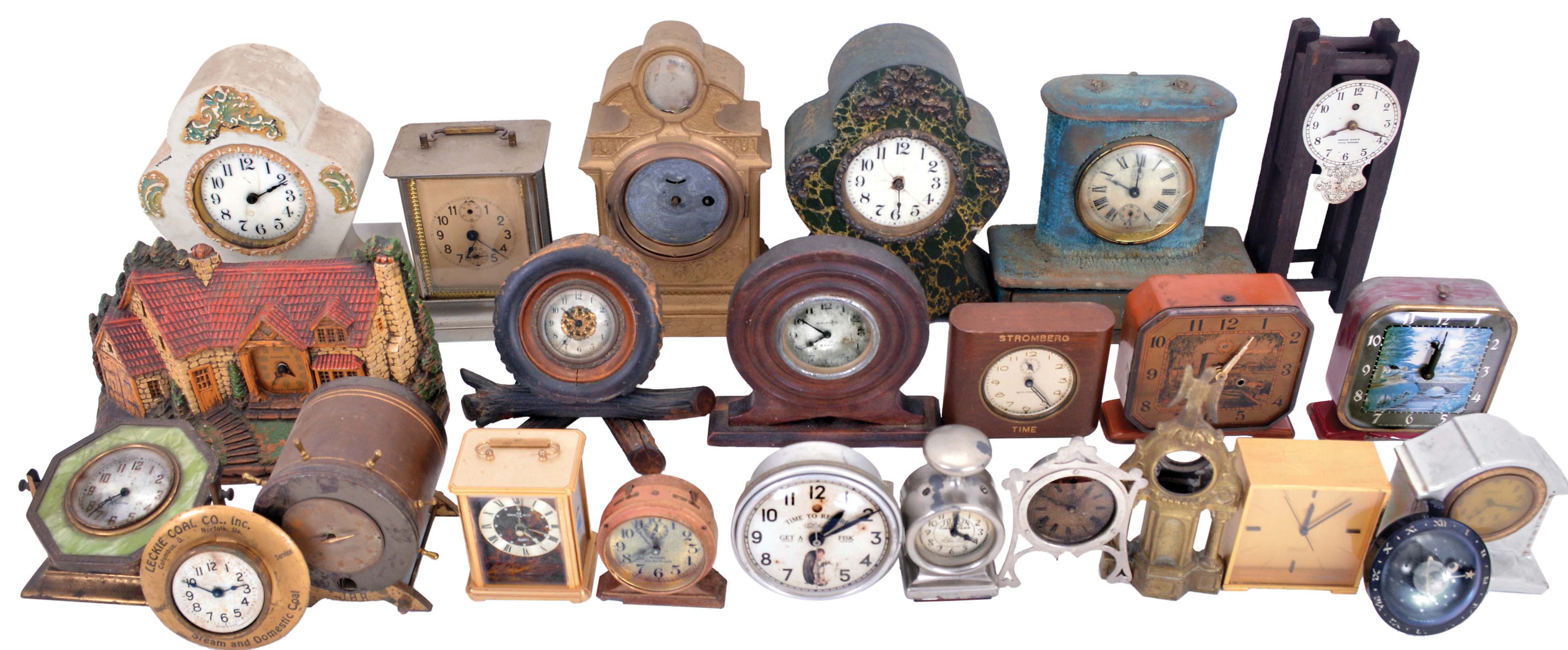 Clocks- 50+ (Fifty plus) Novelty Clocks and Clock-related Sundries: Makers include: Lux, Telechron, Kroeber, Sessions, Howard Miller, Gruen, Deluxe, Waltham, Seth Thomas, Ansonia, Schatz, United, and many others. Sundry items include ashtrays, cologne bottles, salt & pepper shakers, mugs, shot glasses, statuettes, trivets, lamps, spoon holders, match holders, paperweights, and bookends. — Antique Clocks Price Guide