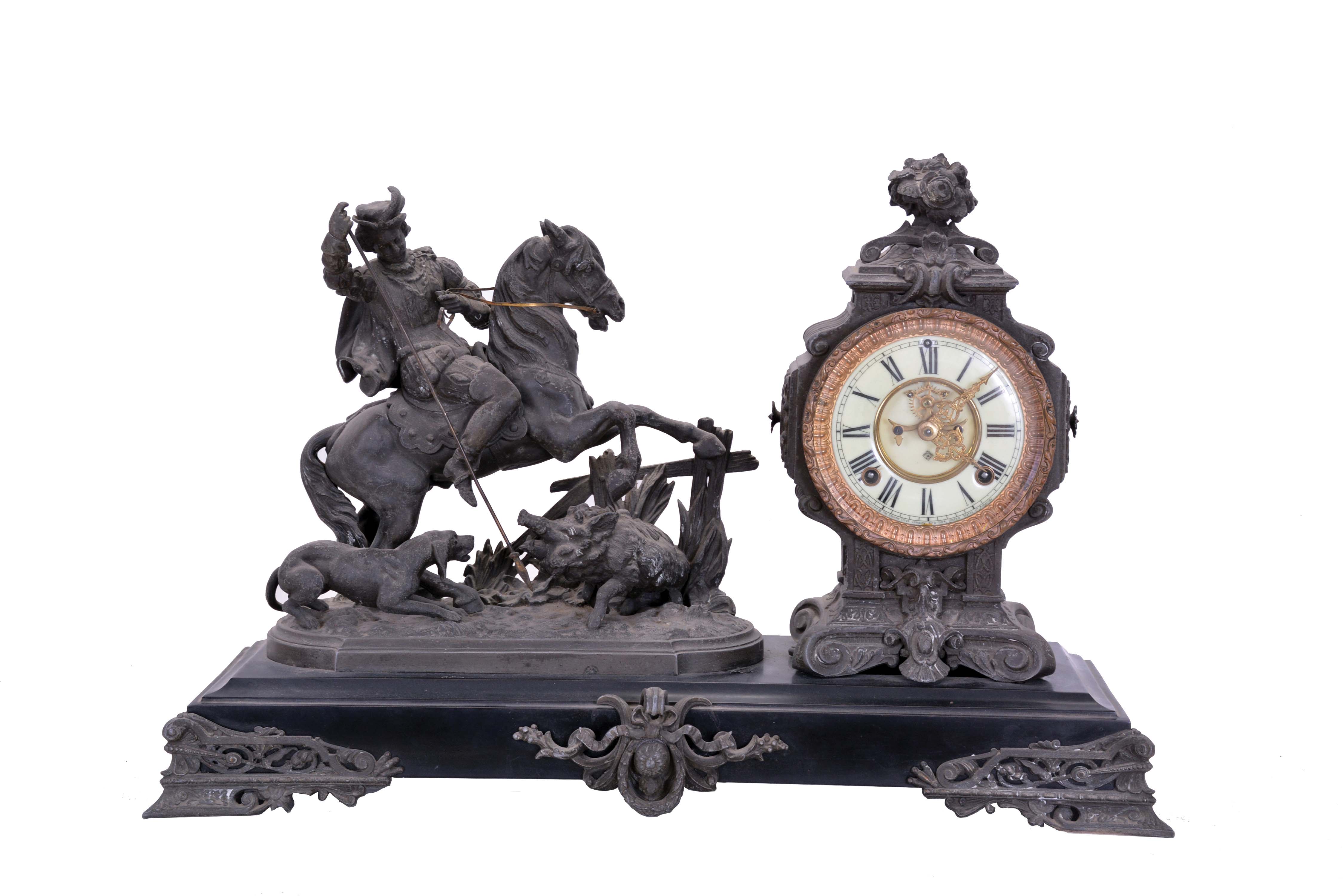 Ansonia Clock Co., New York, NY, "Boar Hunter" figural mantel clock with a spring driven, 8 day, time and strike movement with visible escapement in a enameled iron base with a bronzed spelter statue. — Antique Clocks Price Guide