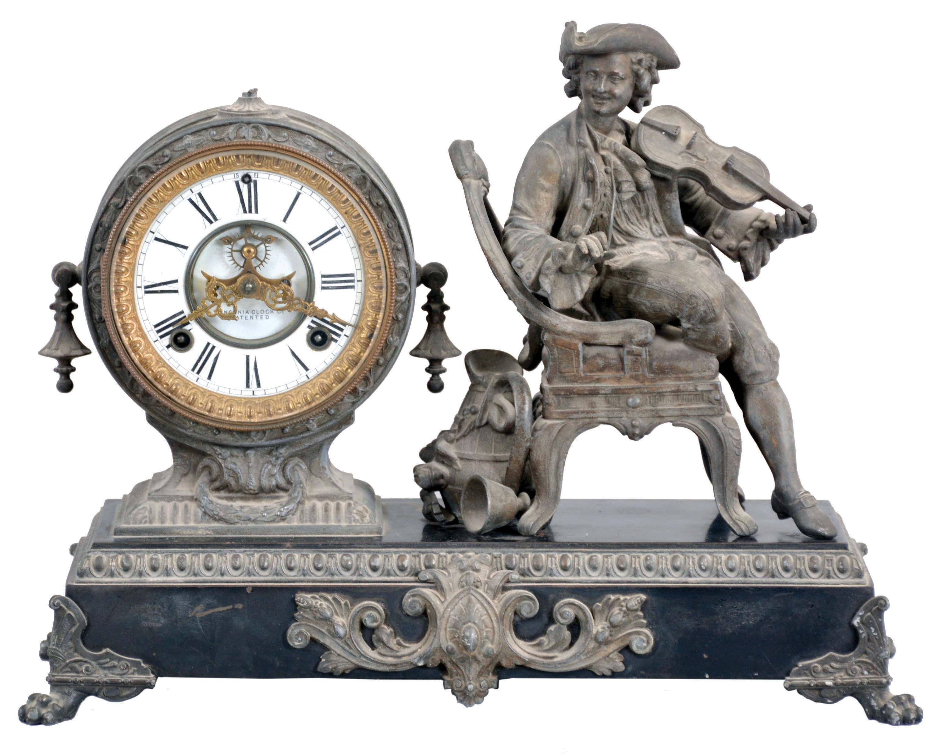 Ansonia Clock Co., New York, NY, "Violinist" shelf clock with a spring driven, 8 day time and half hour strike movement with visible escapement in a cast metal and enameled iron case. — Antique Clocks Price Guide