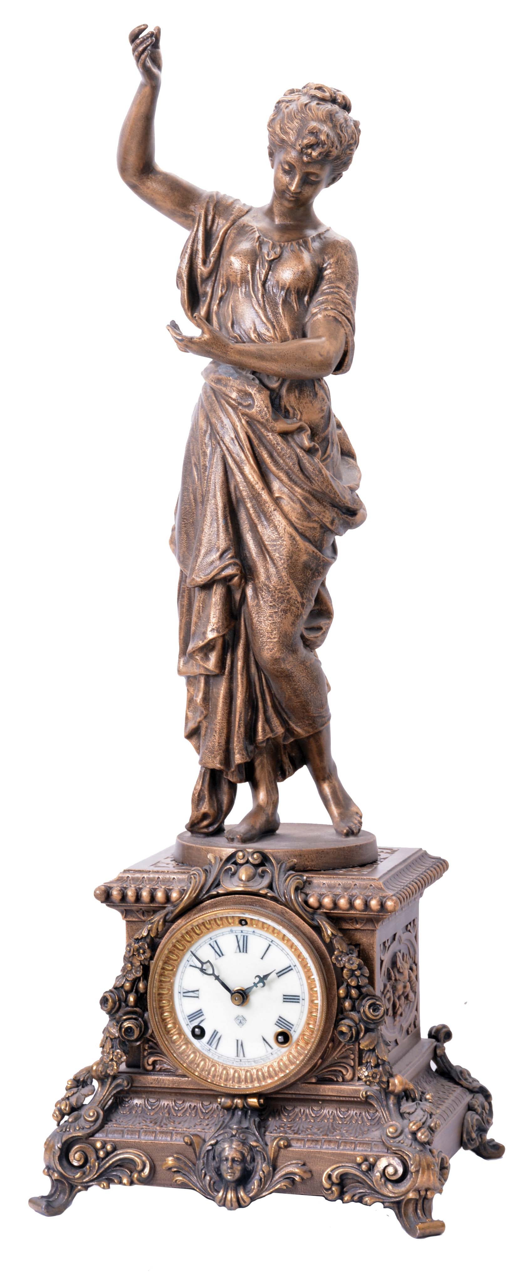 Ansonia Clock Co., New York, NY, "Sappho", 8 day, time and strike spring driven movement figural mantel clock. — Antique Clocks Price Guide