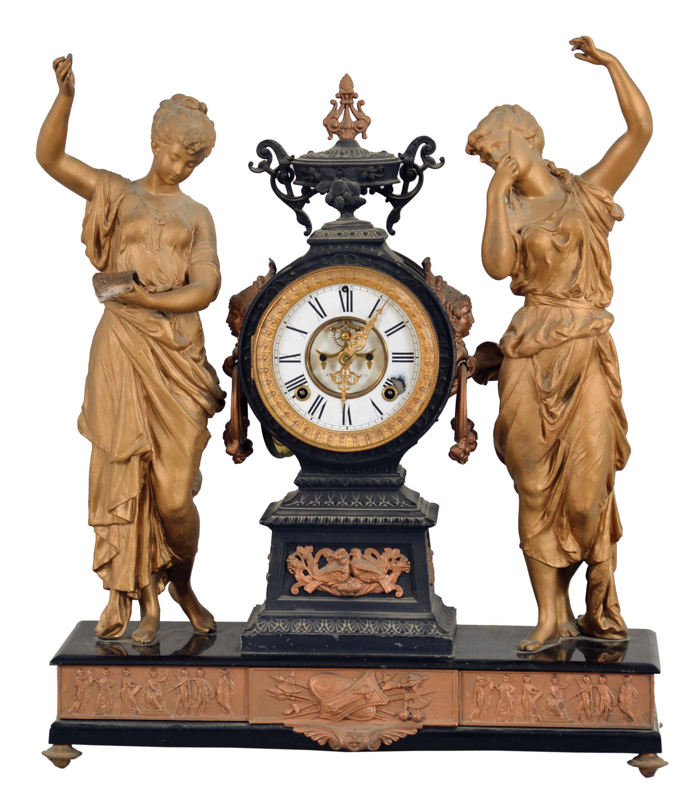 Ansonia Clock Co., New York, NY, "The Muses" figural mantel clock with a 8 day, spring driven time and strike movement, in a enameled iron and cast metal case. — Antique Clocks Price Guide