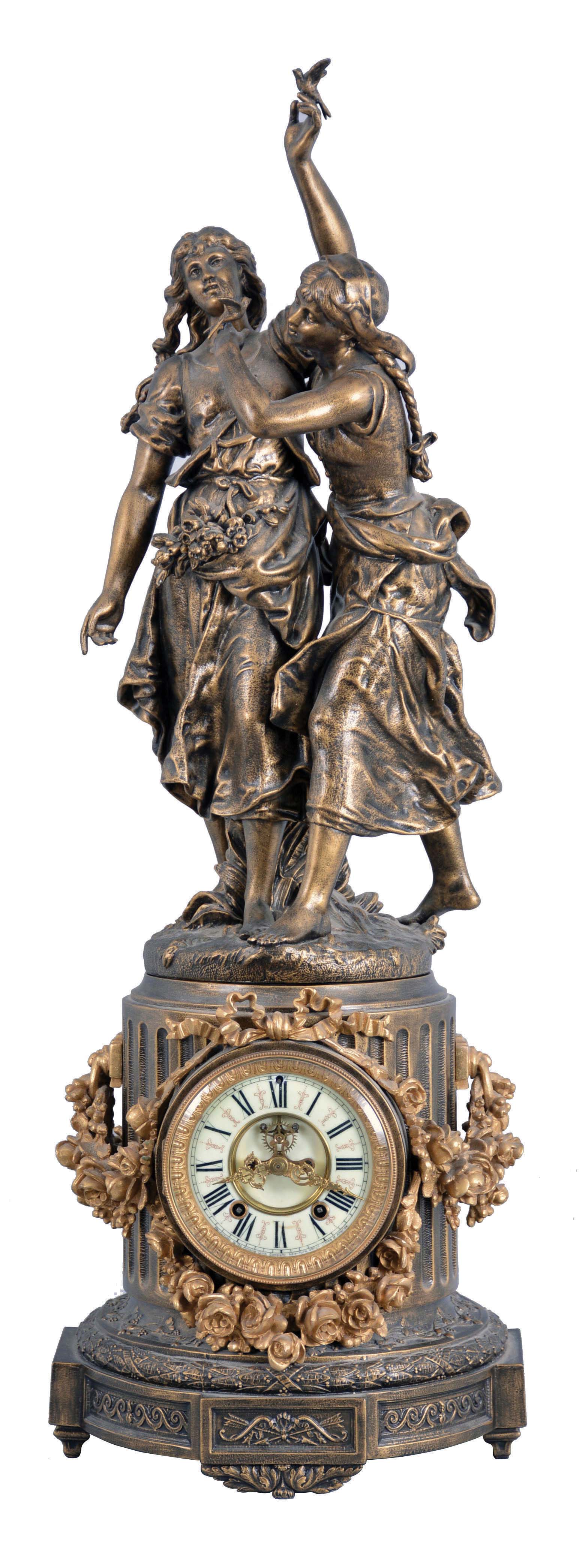 Ansonia Clock Co., New York, NY, "Florida" base with 1090 group (Gaiety) figural shelf clock with a spring driven, 8 day, time and rack & snail strike movement with visible escapement in a cast metal case. — Antique Clocks Price Guide