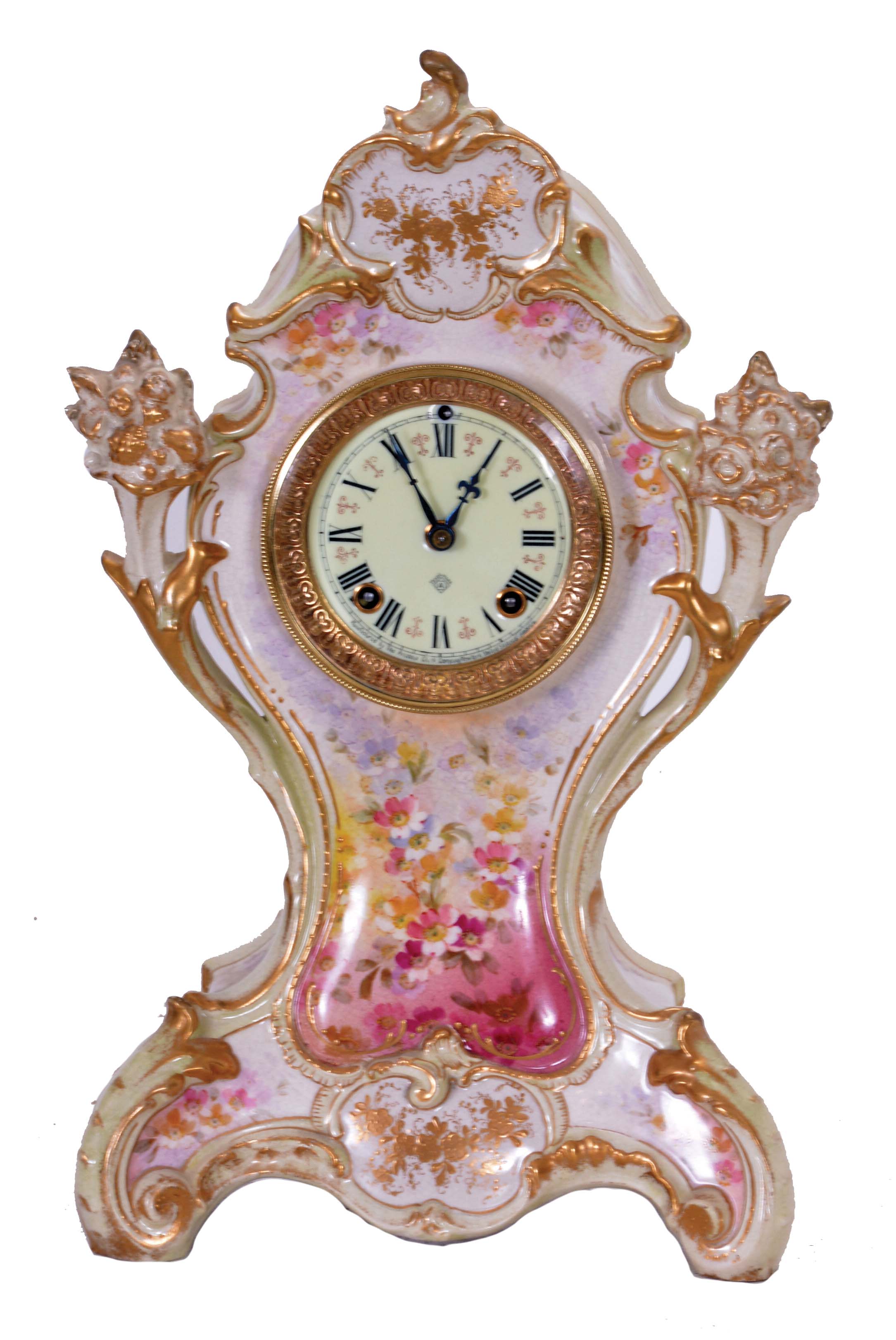 Ansonia Clock Co., New York, NY, 8 day, time and strike spring driven movement porcelain mantel clock. Case is not marked. — Antique Clocks Price Guide