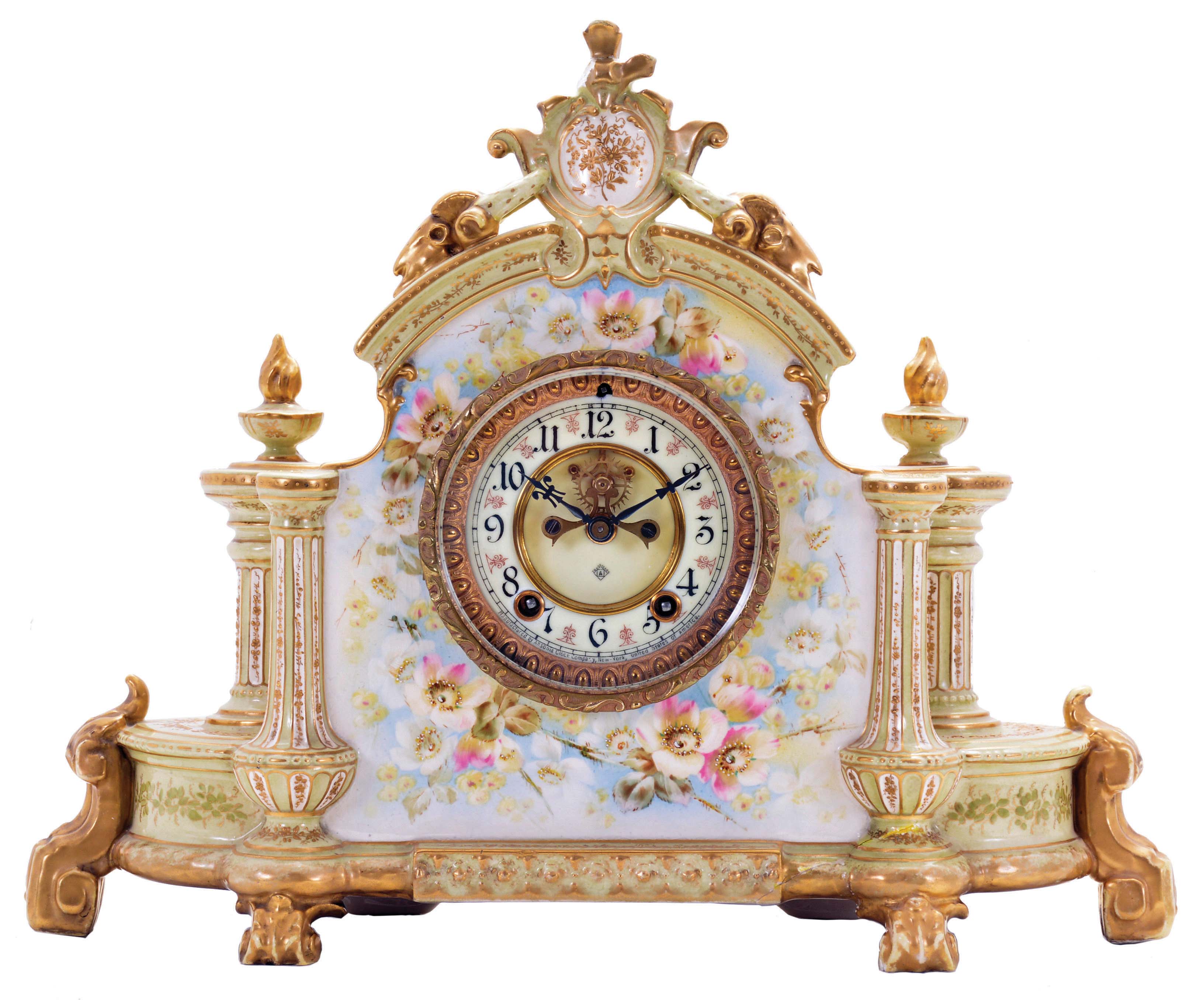 Ansonia Clock Co., New York, NY, "La Champagne" shelf clock with a spring driven, 8 day time and half hour strike movement with visible escapement in a porcelain case. — Antique Clocks Price Guide