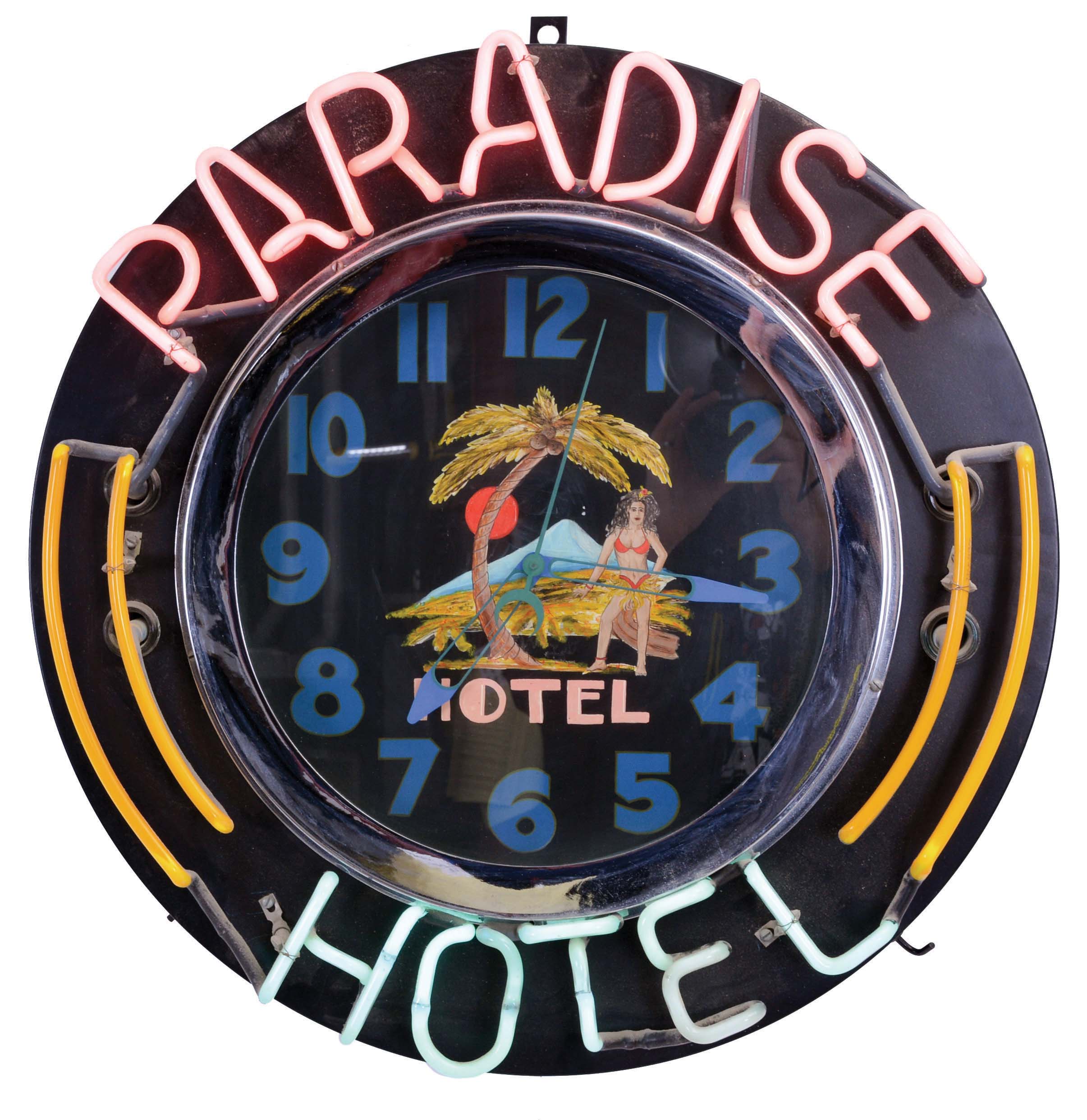 "Paradise Hotel" three color neon electric wall clock, time only, with sweep seconds hand — Antique Clocks Price Guide